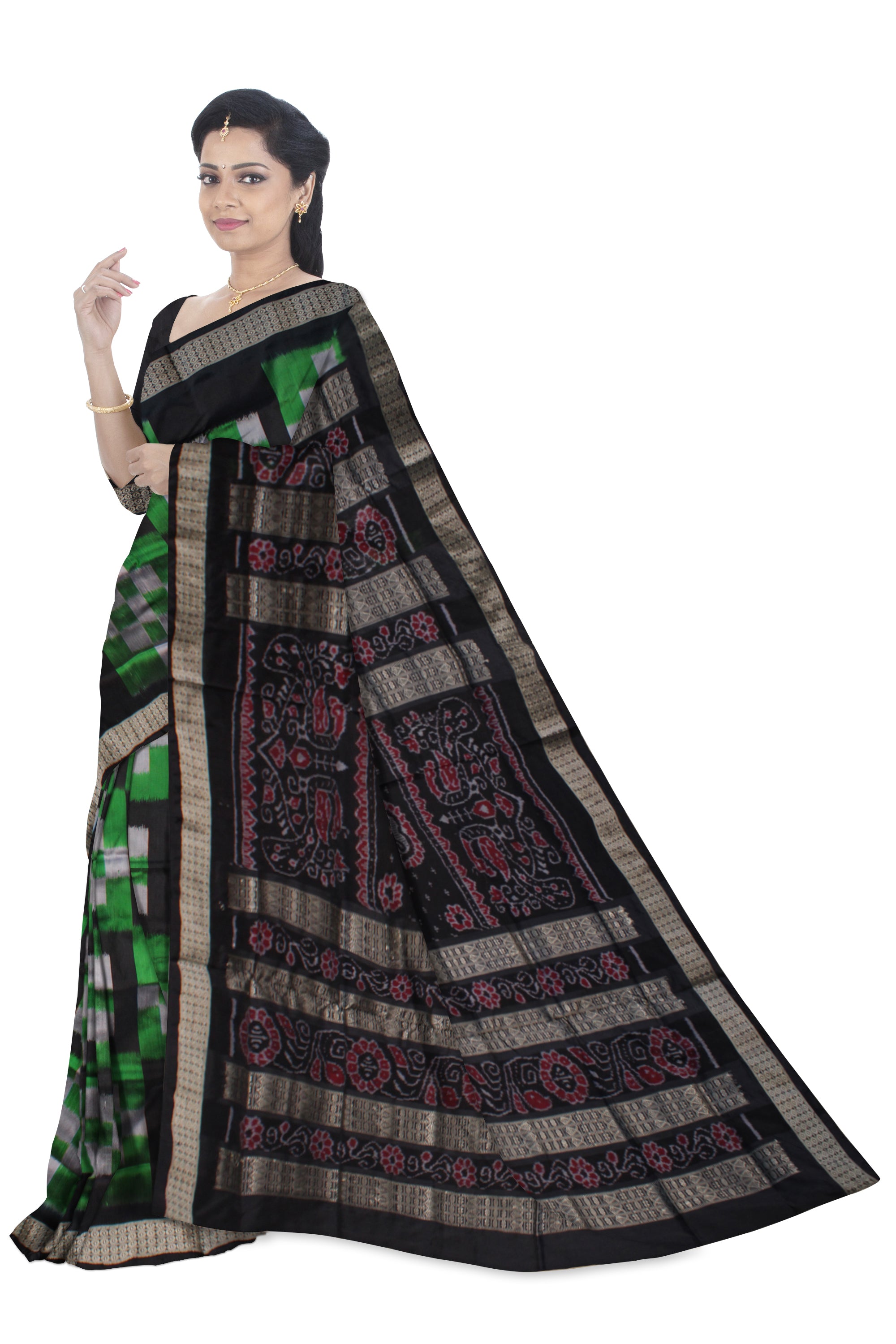 Green and black color pasapali pata saree. - Koshali Arts & Crafts Enterprise