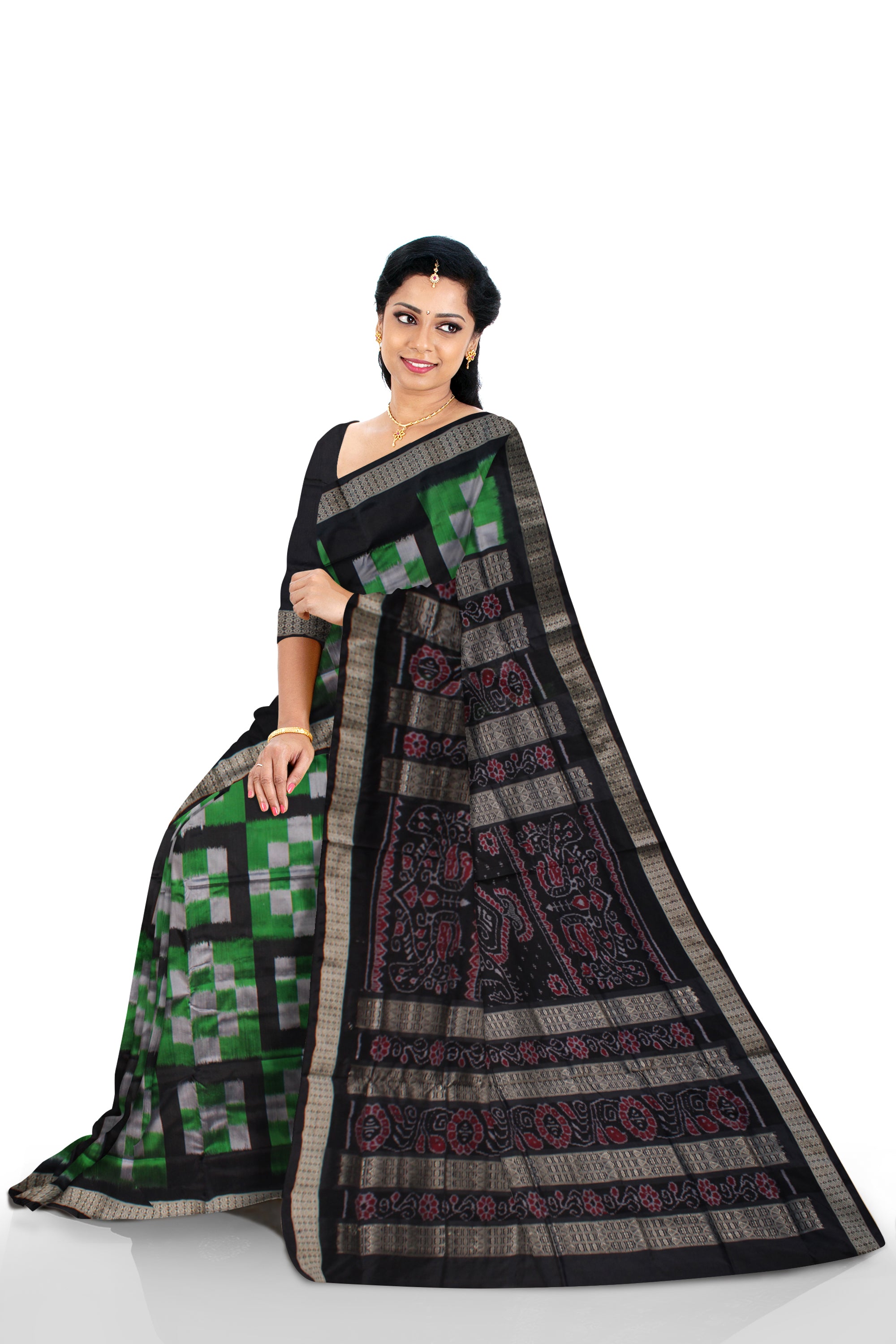 Green and black color pasapali pata saree. - Koshali Arts & Crafts Enterprise