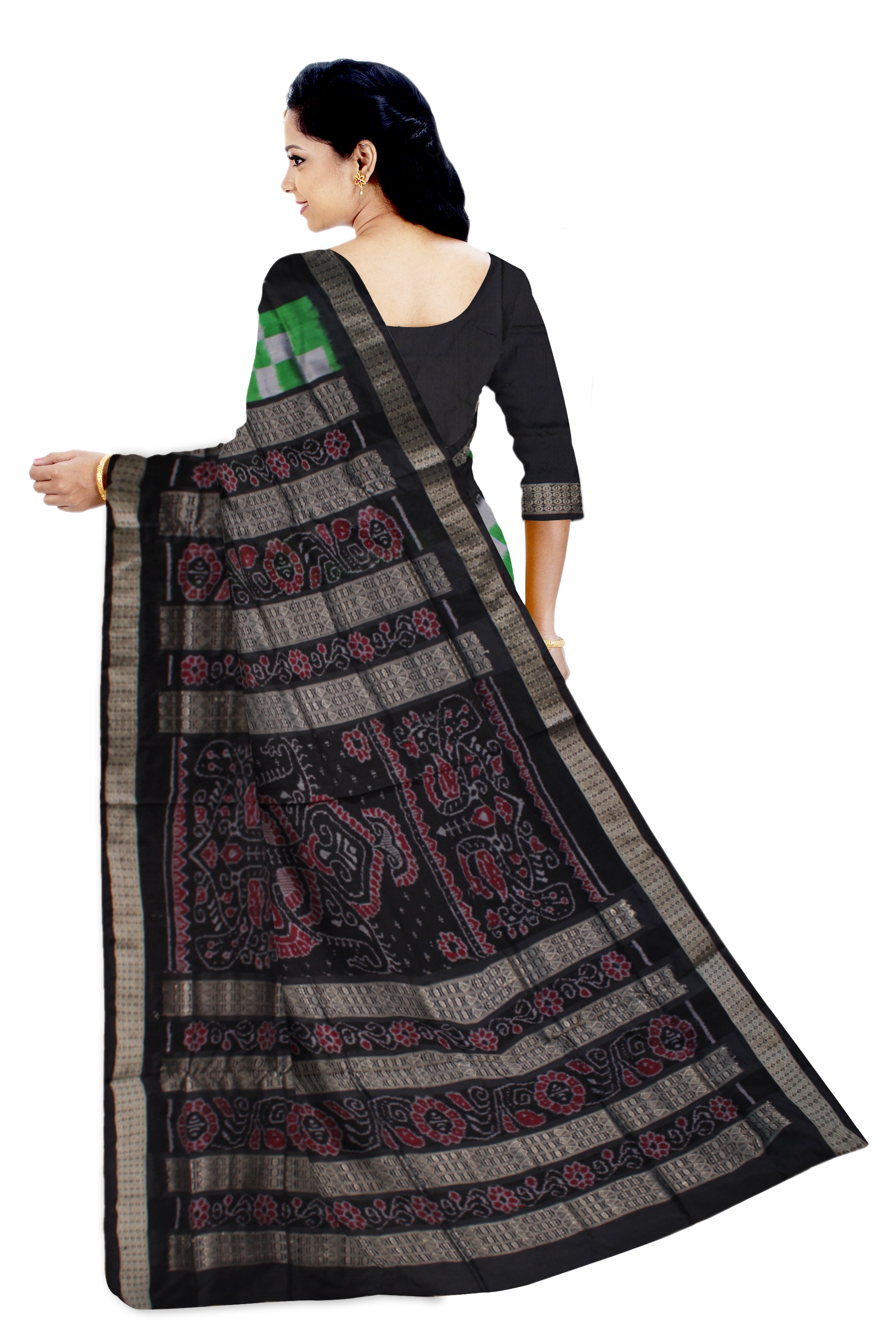 Green and black color pasapali pata saree. - Koshali Arts & Crafts Enterprise