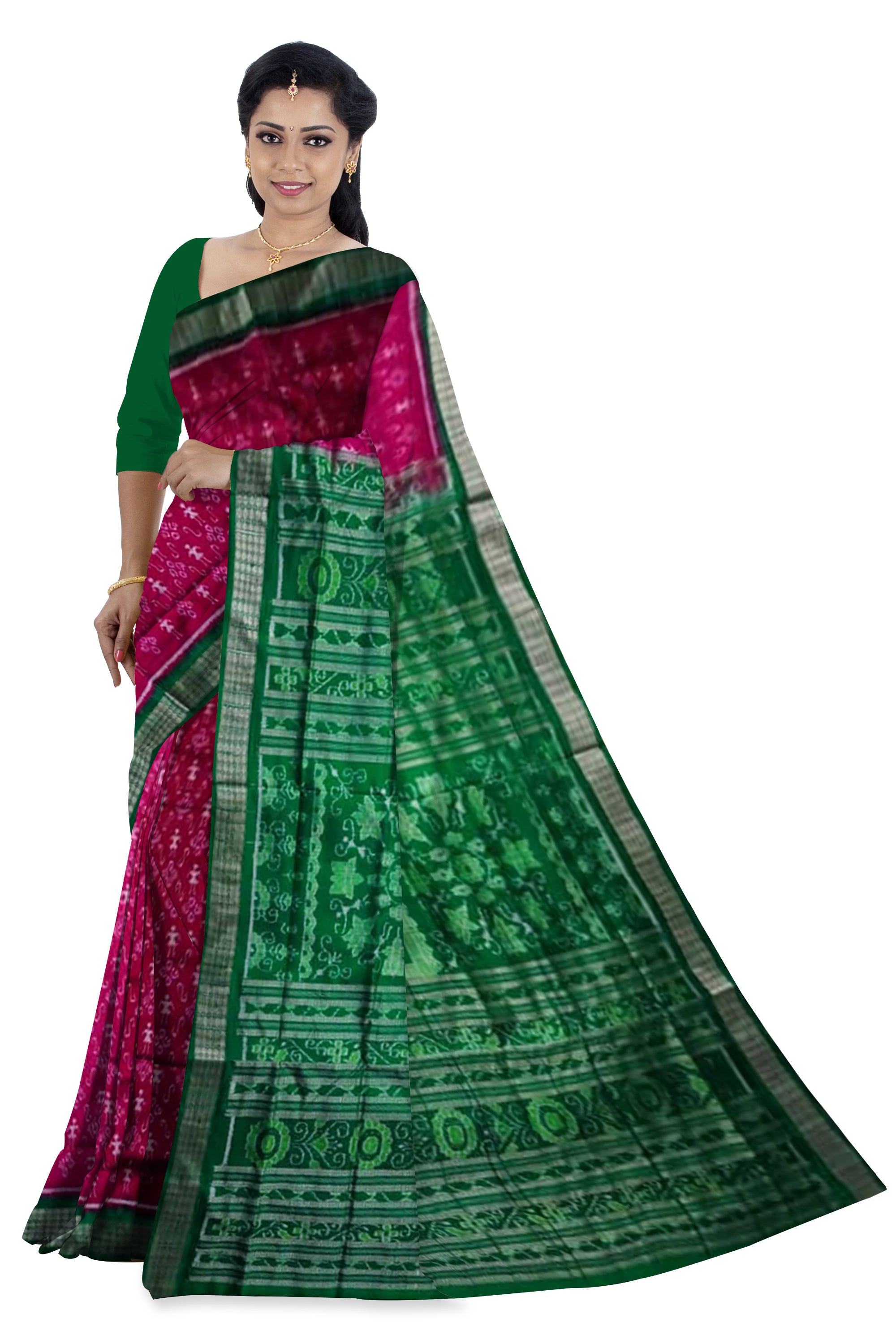Rani pink and green color small terracotta pattern pure silk saree. - Koshali Arts & Crafts Enterprise