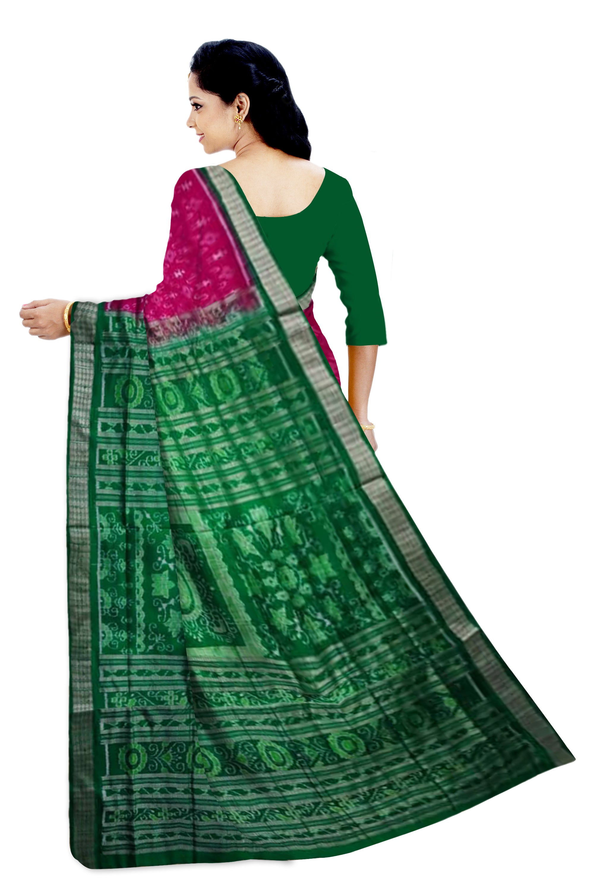 Rani pink and green color small terracotta pattern pure silk saree. - Koshali Arts & Crafts Enterprise