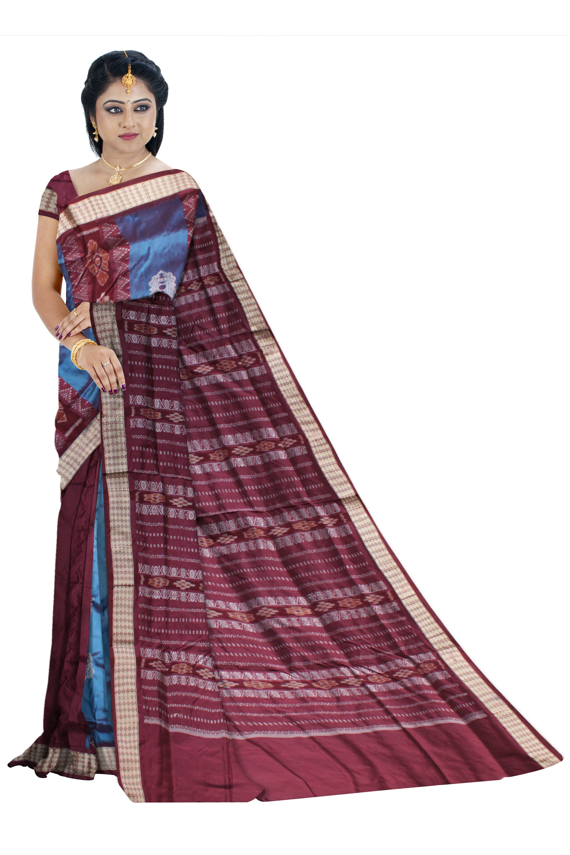 Sky blue and coffee color patli pata saree with rudraksha border. - Koshali Arts & Crafts Enterprise