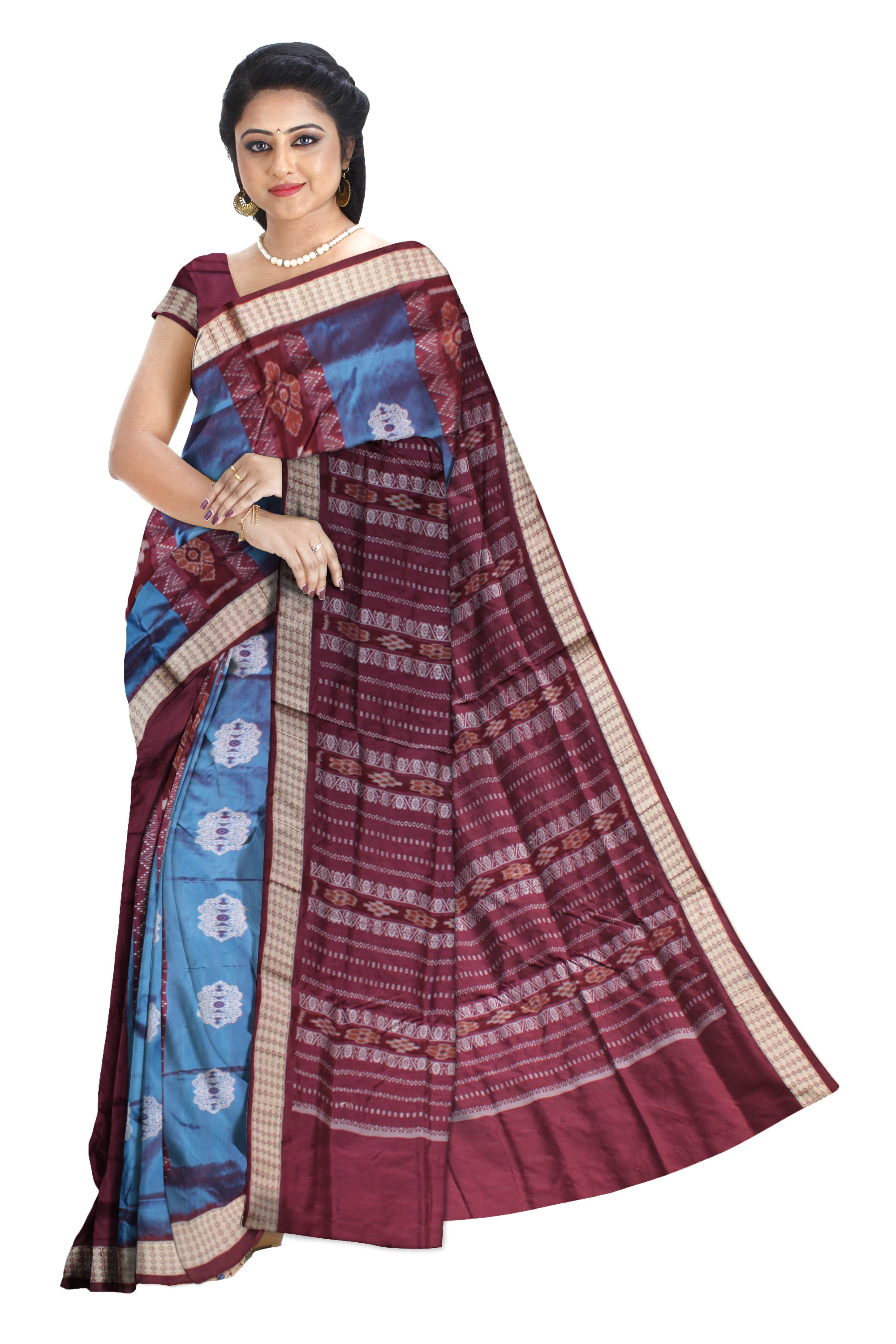 Sky blue and coffee color patli pata saree with rudraksha border. - Koshali Arts & Crafts Enterprise