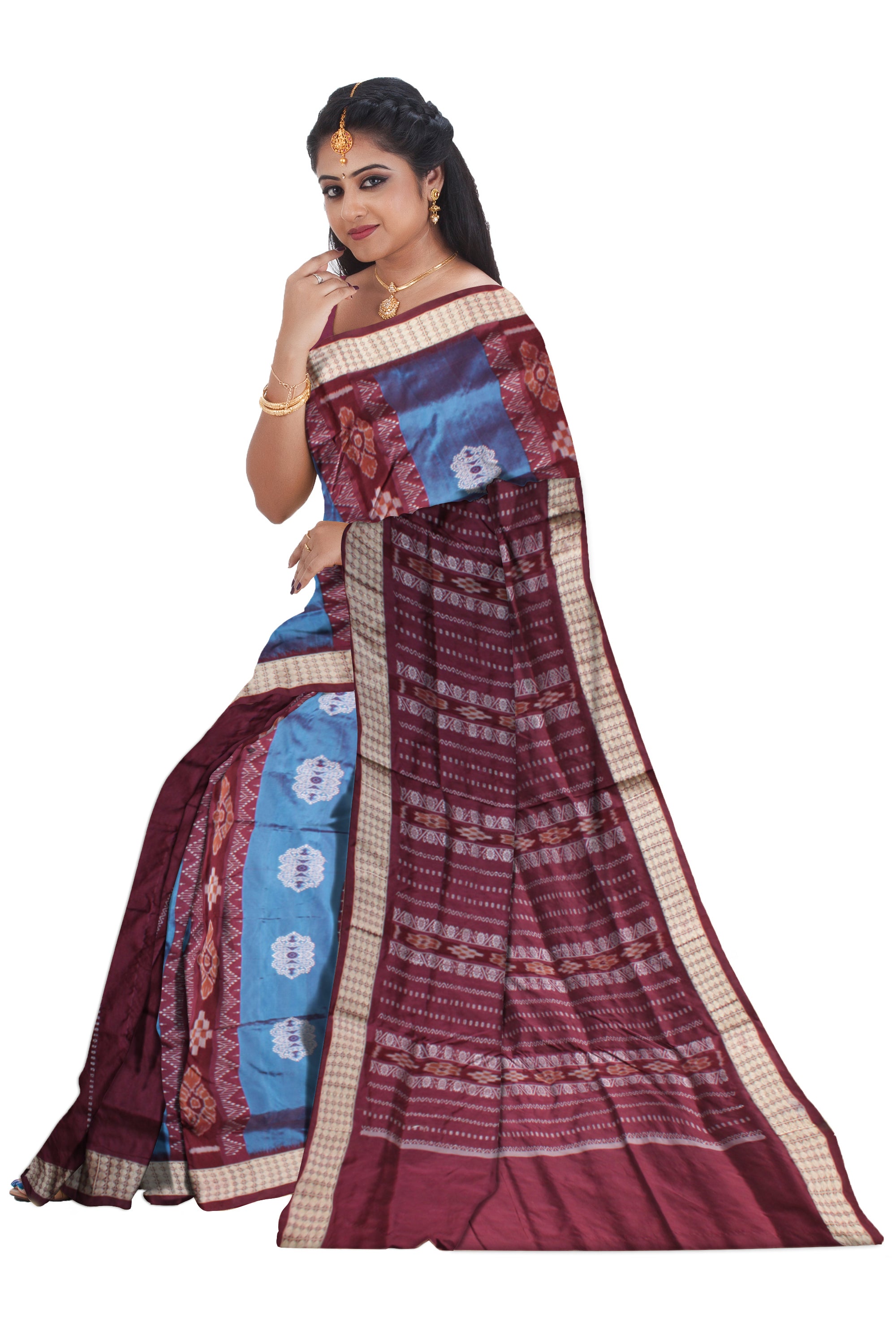 Sky blue and coffee color patli pata saree with rudraksha border. - Koshali Arts & Crafts Enterprise