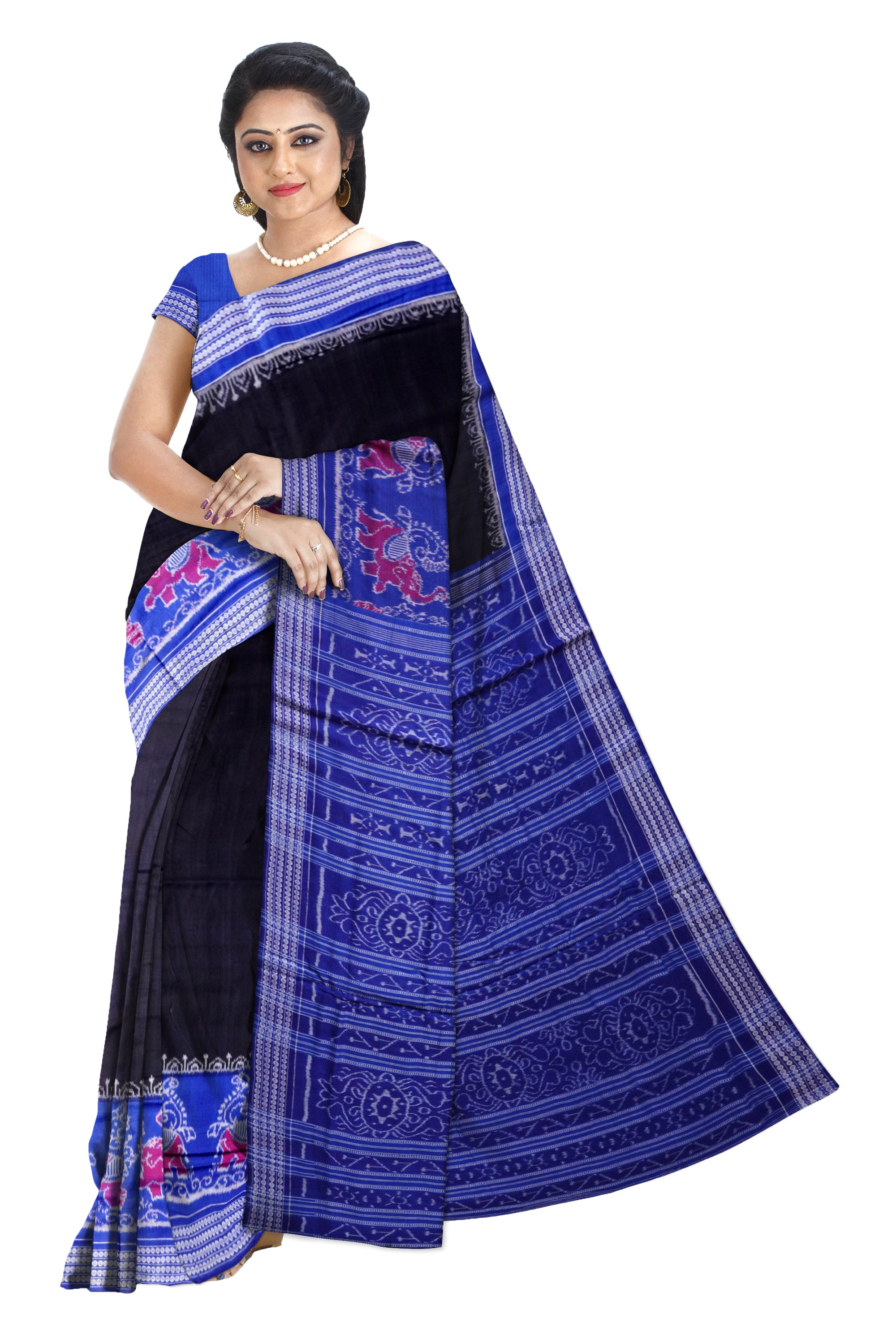 Sambalpuri handloom  pure cotton saree is black and sky color. - Koshali Arts & Crafts Enterprise