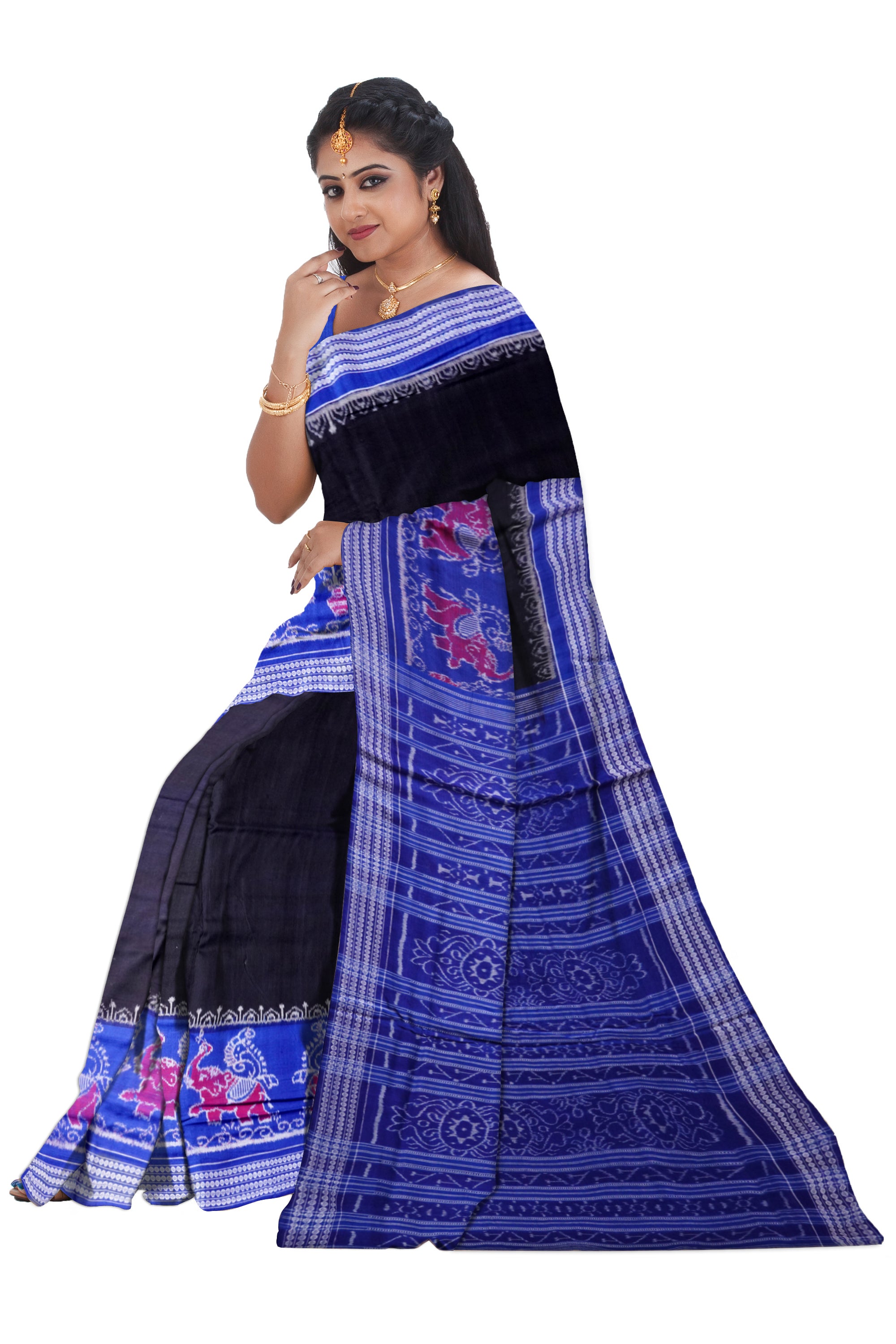 Sambalpuri handloom  pure cotton saree is black and sky color. - Koshali Arts & Crafts Enterprise