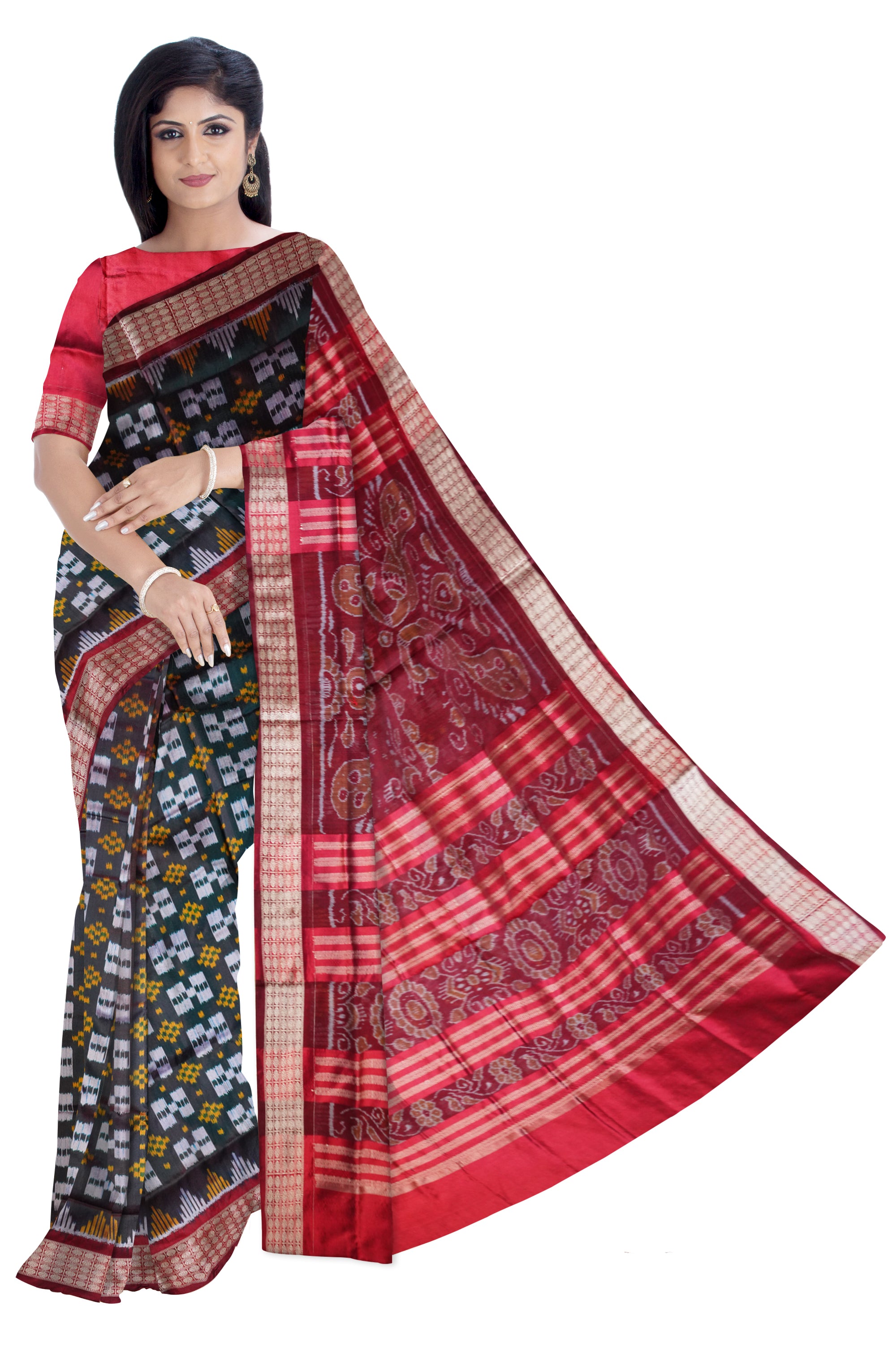 Dark olivegreen and maroon color pasapali pata saree. - Koshali Arts & Crafts Enterprise