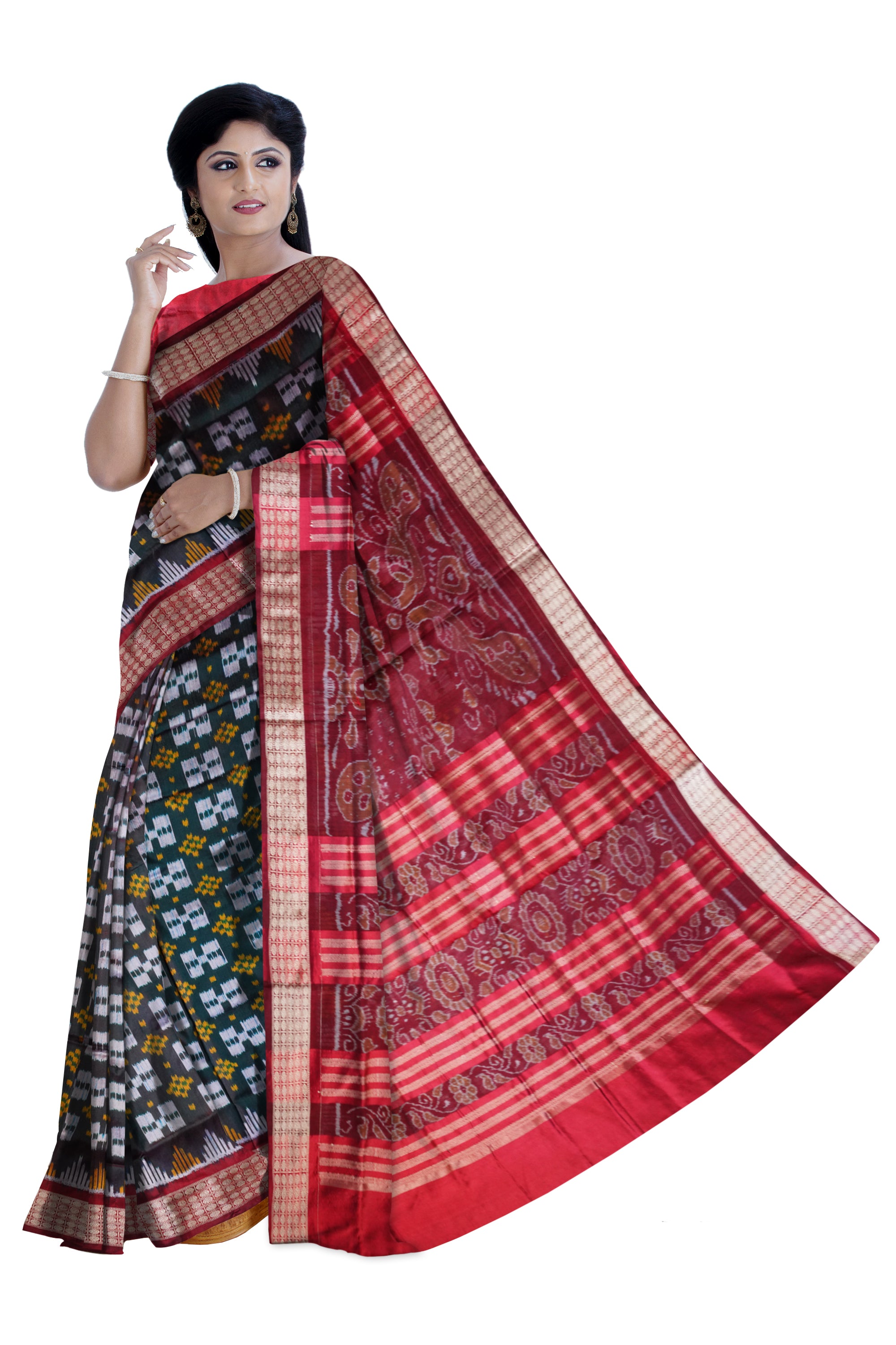 Dark olivegreen and maroon color pasapali pata saree. - Koshali Arts & Crafts Enterprise