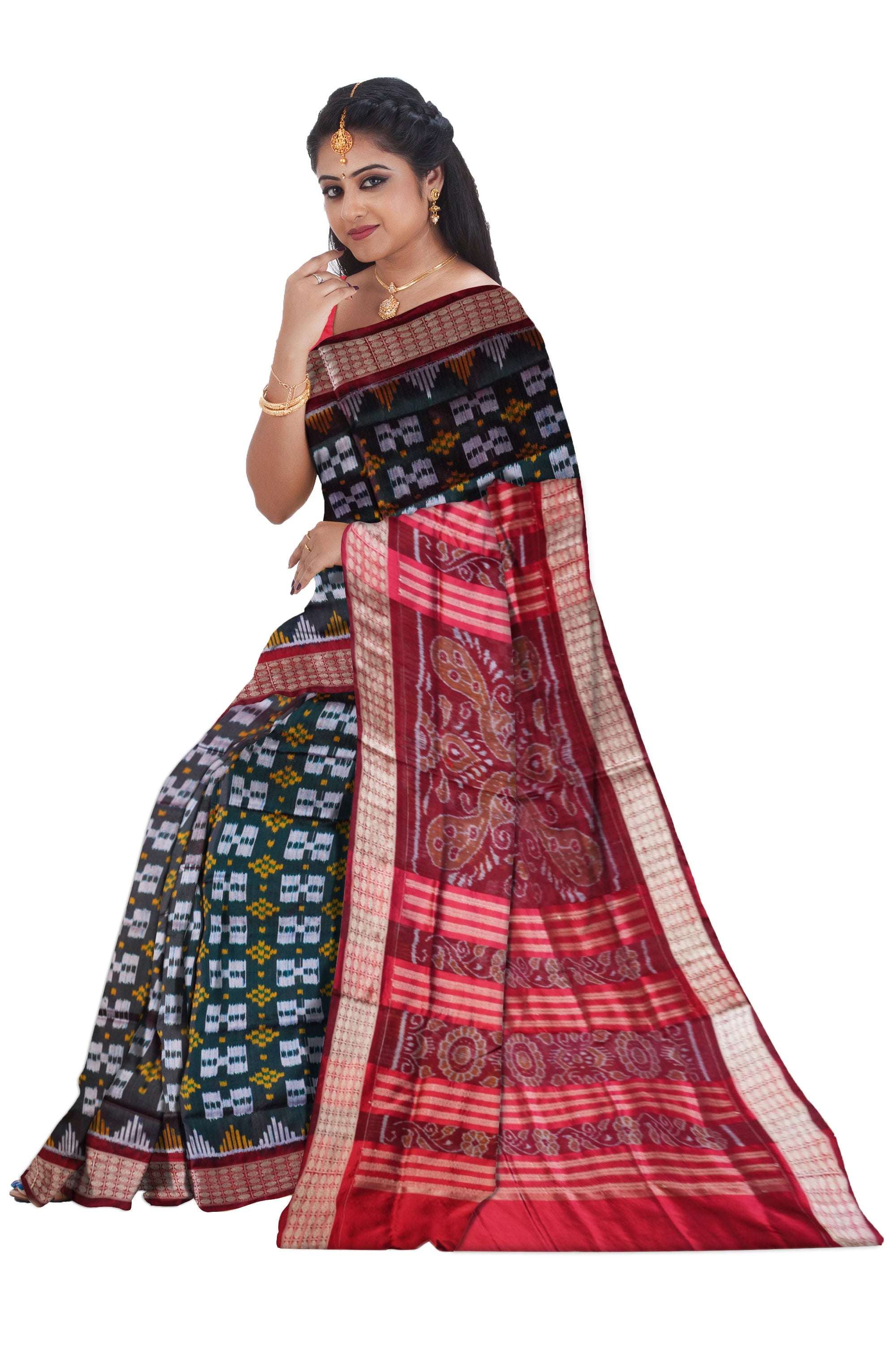 Dark olivegreen and maroon color pasapali pata saree. - Koshali Arts & Crafts Enterprise