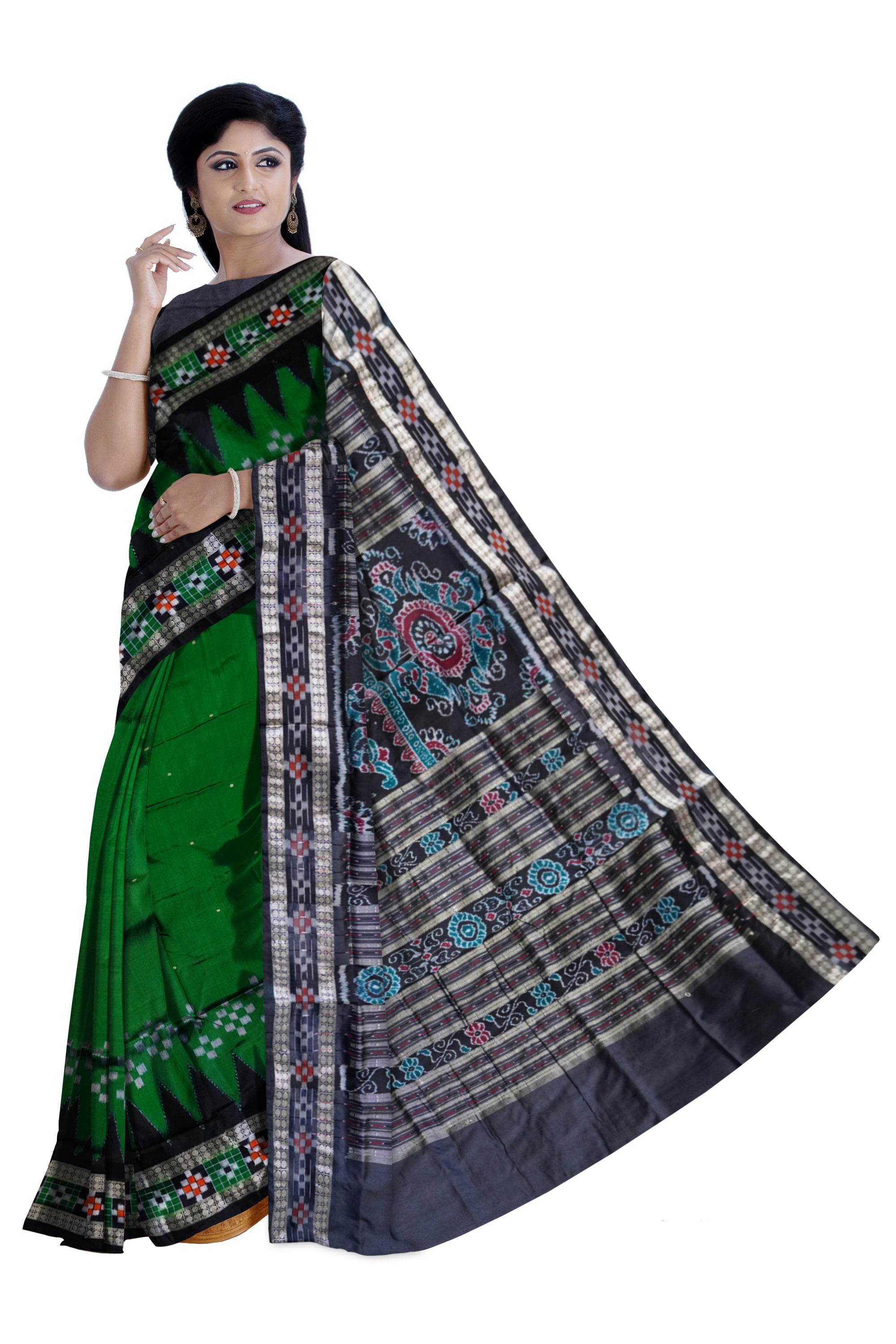 Green and black color design dhadi pasapali pata saree. - Koshali Arts & Crafts Enterprise