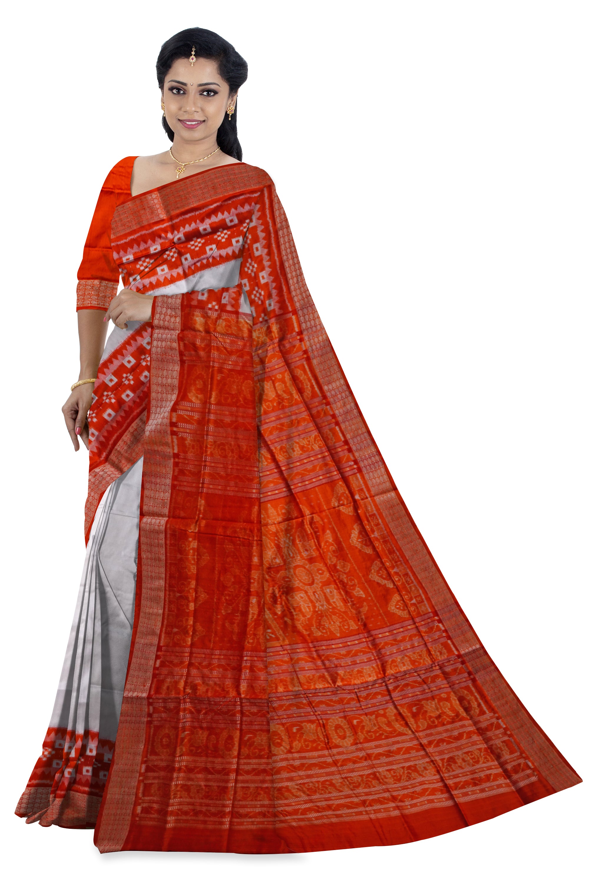 White and orange color pasapali border pure silk saree. - Koshali Arts & Crafts Enterprise
