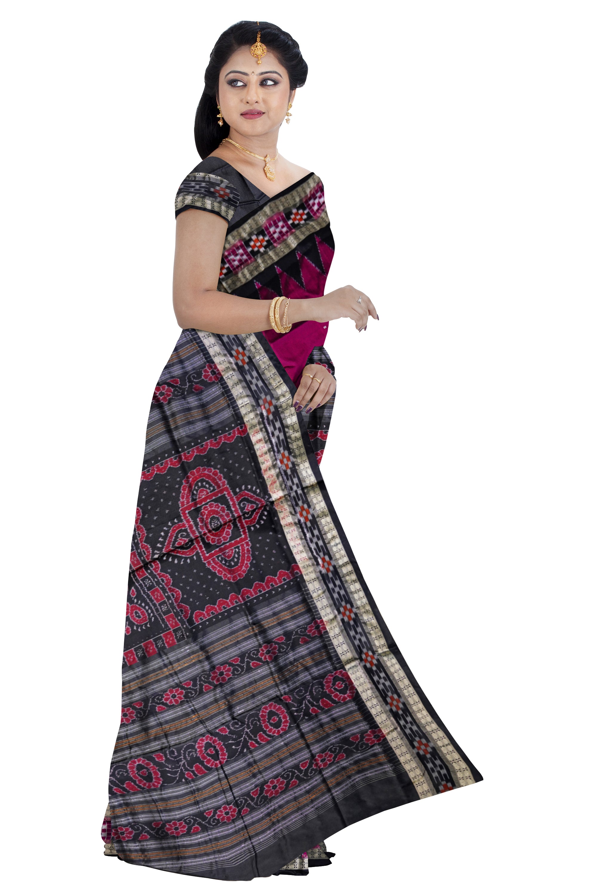 Pink with black pasapali border pata saree. - Koshali Arts & Crafts Enterprise