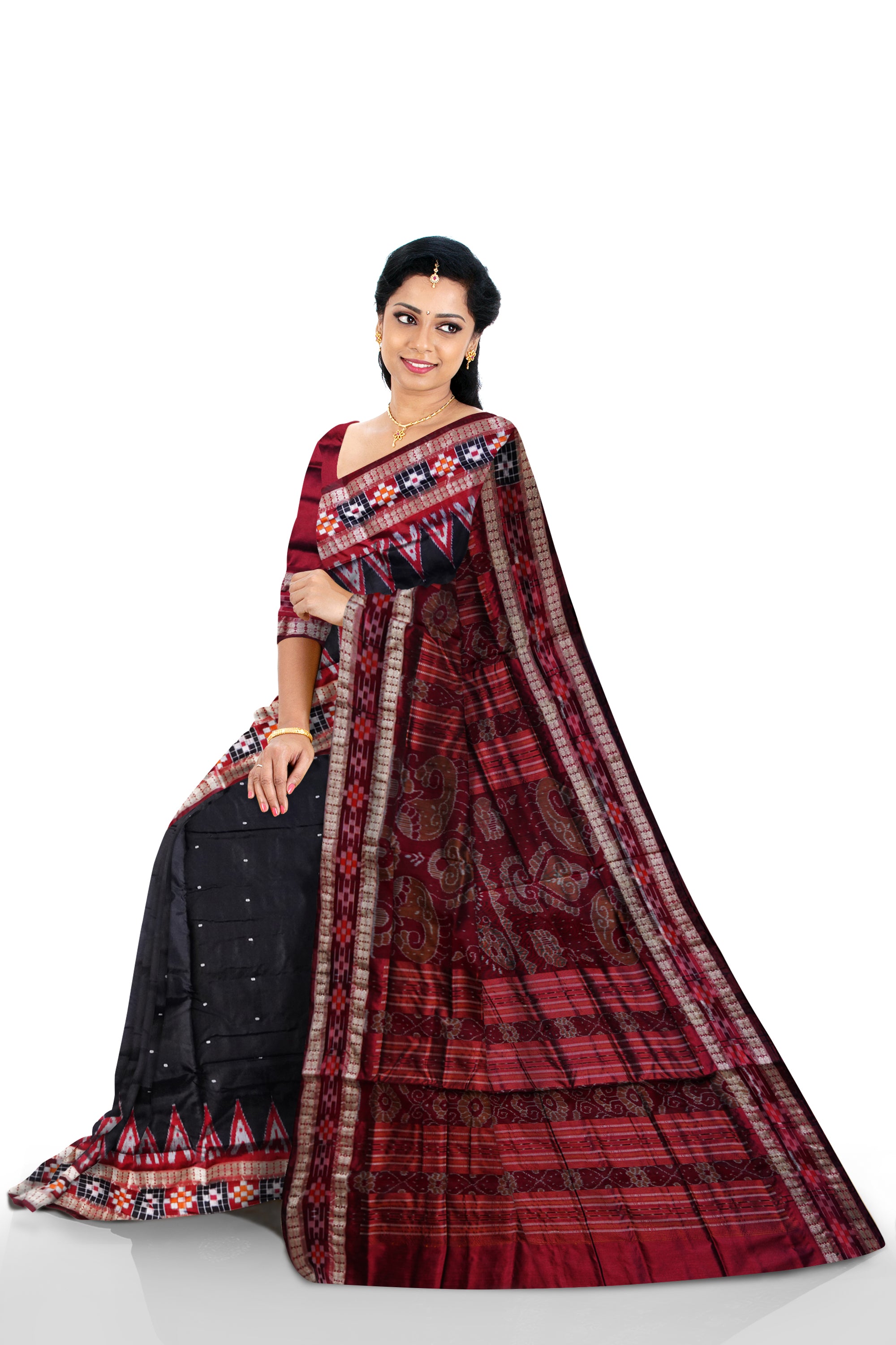 Black color small booty pattern with border maroon pasapali pattern pata saree. - Koshali Arts & Crafts Enterprise