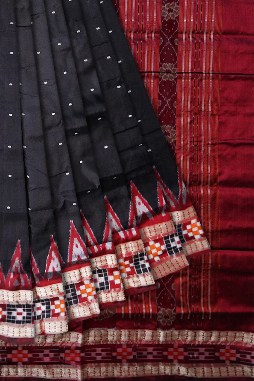 Black color small booty pattern with border maroon pasapali pattern pata saree. - Koshali Arts & Crafts Enterprise