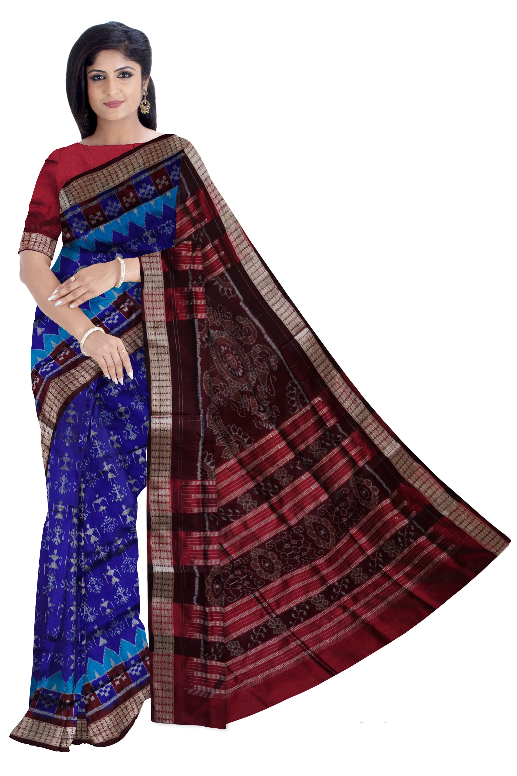 Blue and coffee color Terracotta with pasapali pattern pata saree. - Koshali Arts & Crafts Enterprise