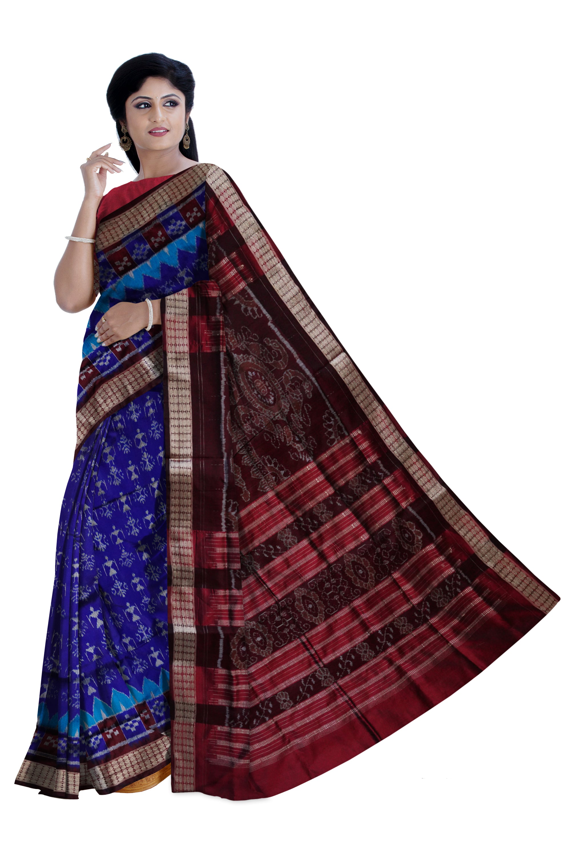 Blue and coffee color Terracotta with pasapali pattern pata saree. - Koshali Arts & Crafts Enterprise
