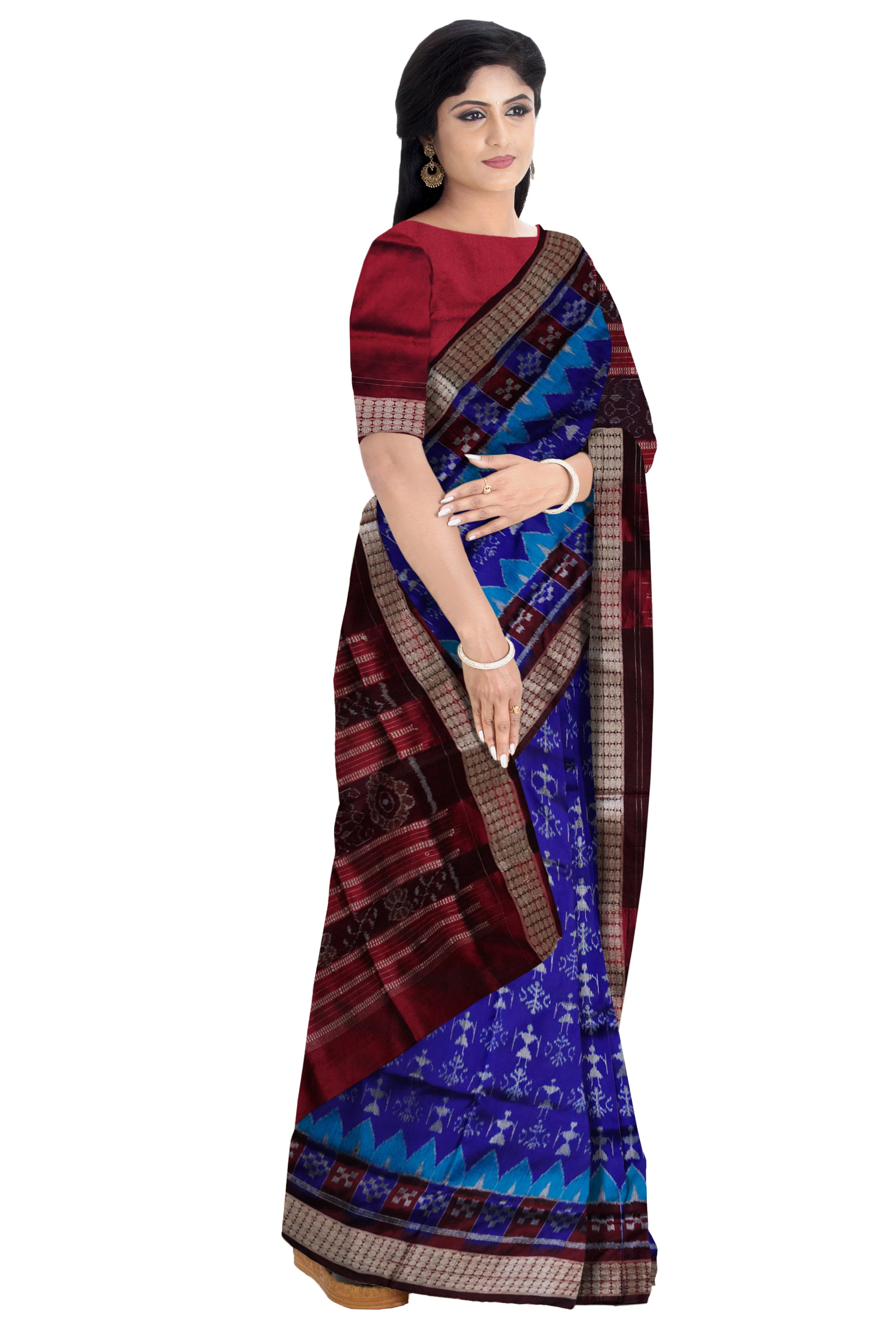 Blue and coffee color Terracotta with pasapali pattern pata saree. - Koshali Arts & Crafts Enterprise