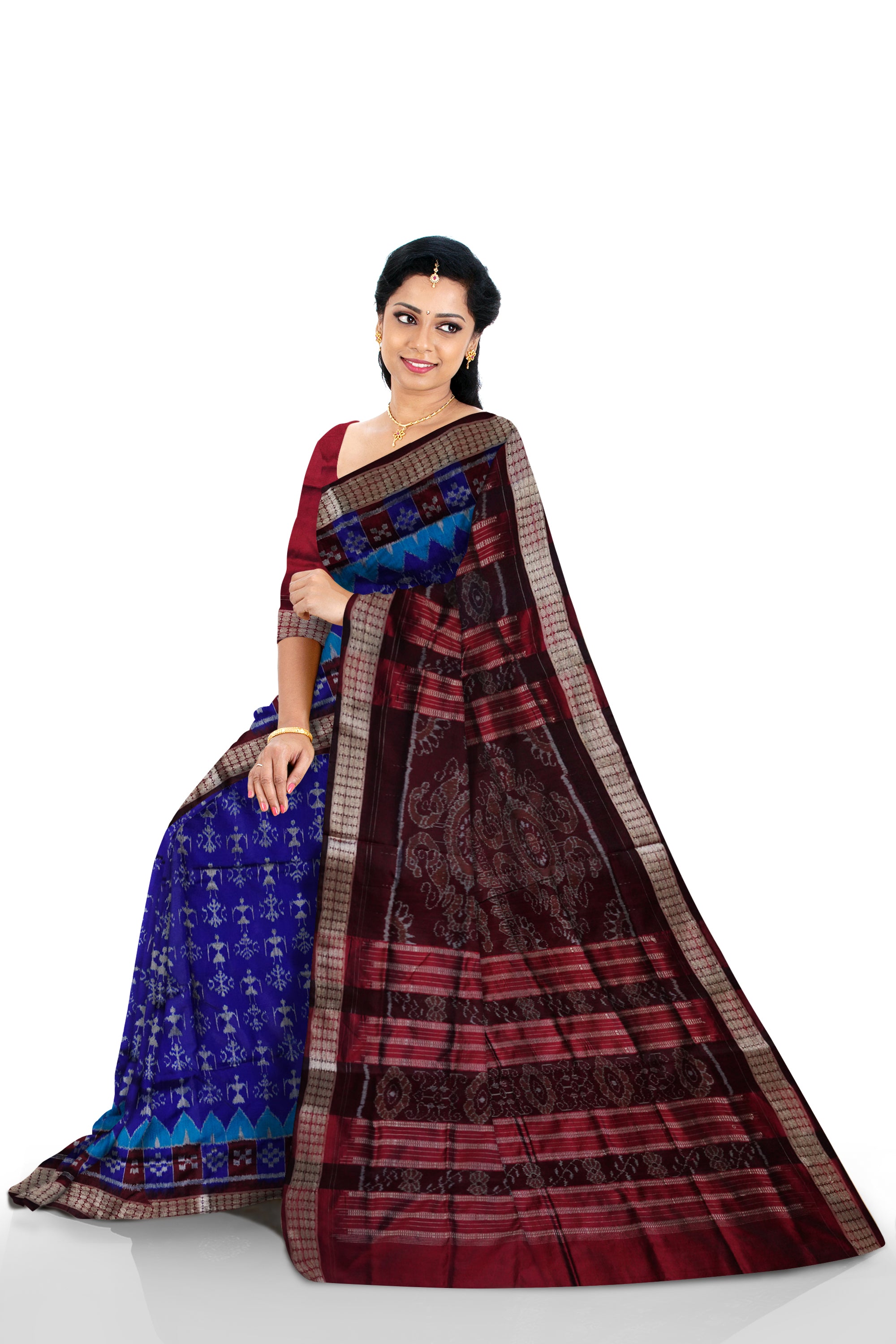 Blue and coffee color Terracotta with pasapali pattern pata saree. - Koshali Arts & Crafts Enterprise