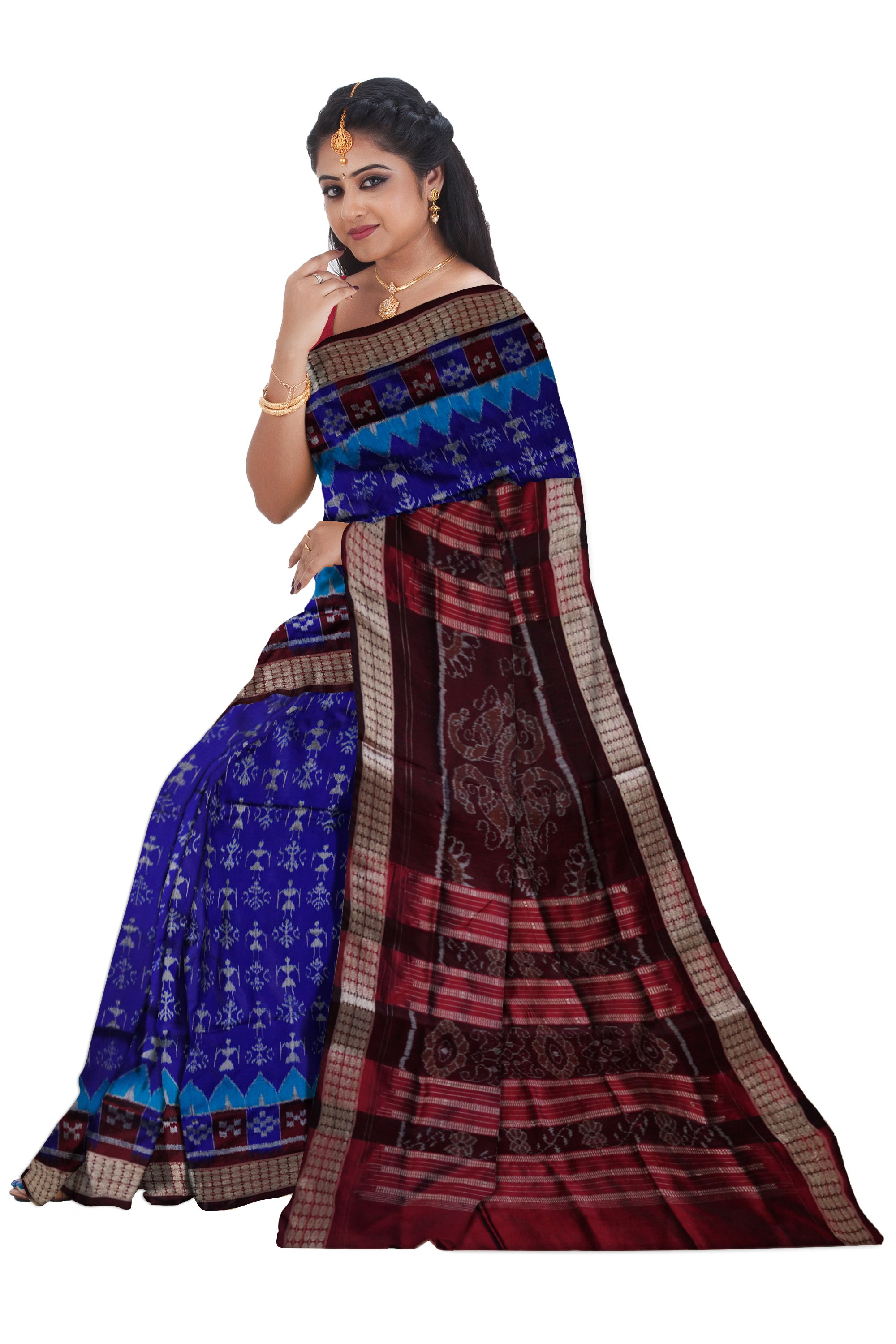 Blue and coffee color Terracotta with pasapali pattern pata saree. - Koshali Arts & Crafts Enterprise
