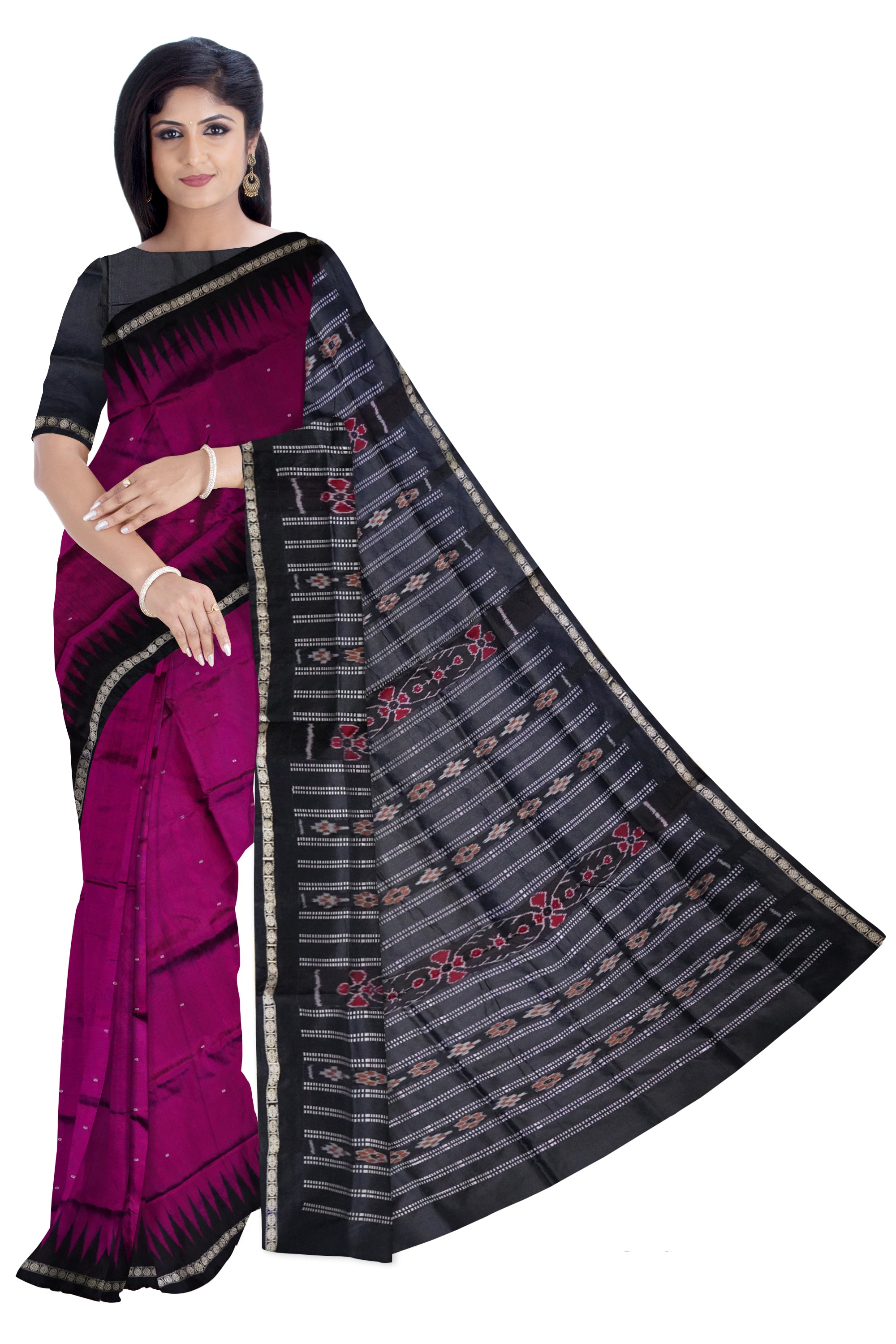 Deep pink and black color single border plain pata saree. - Koshali Arts & Crafts Enterprise