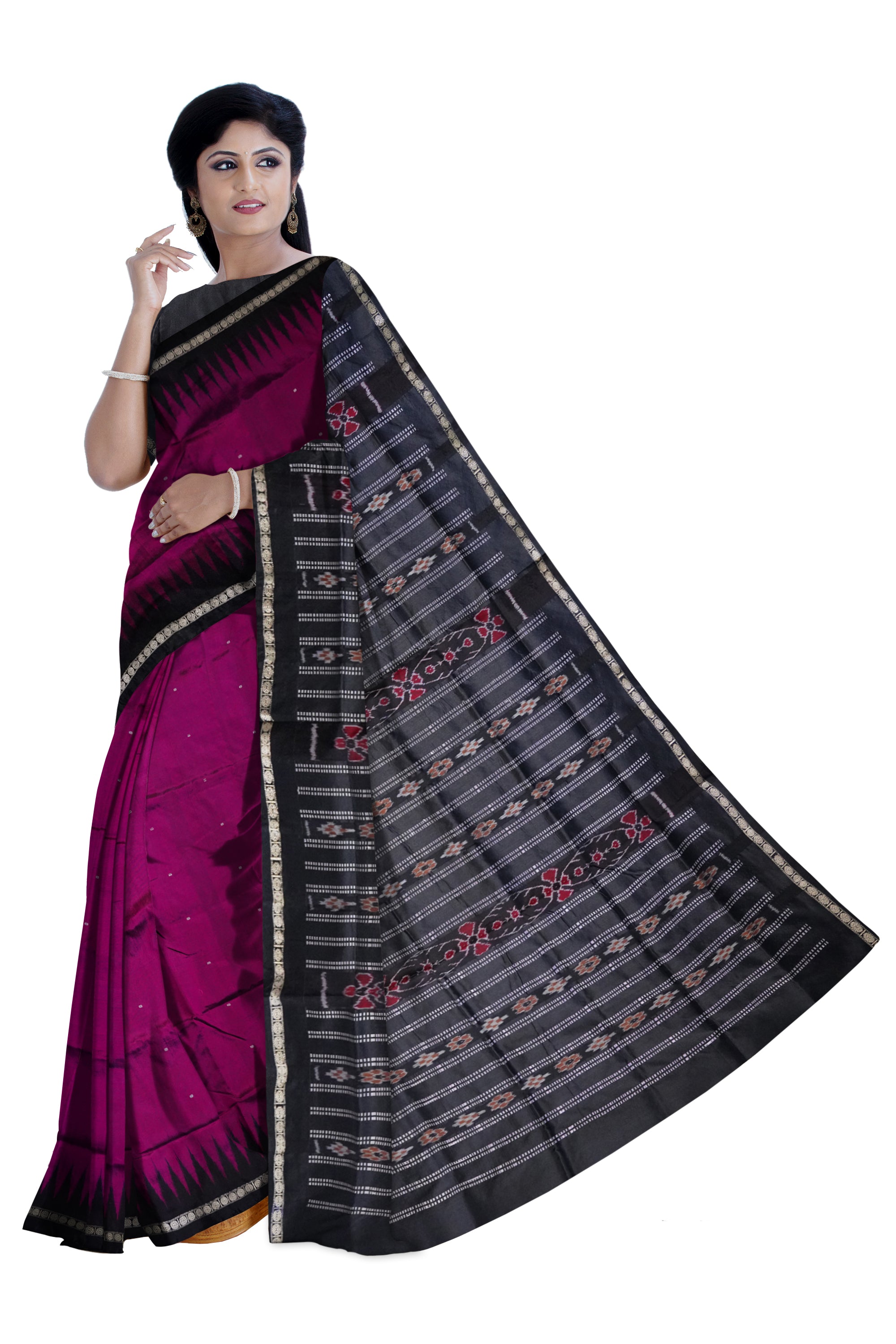 Deep pink and black color single border plain pata saree. - Koshali Arts & Crafts Enterprise
