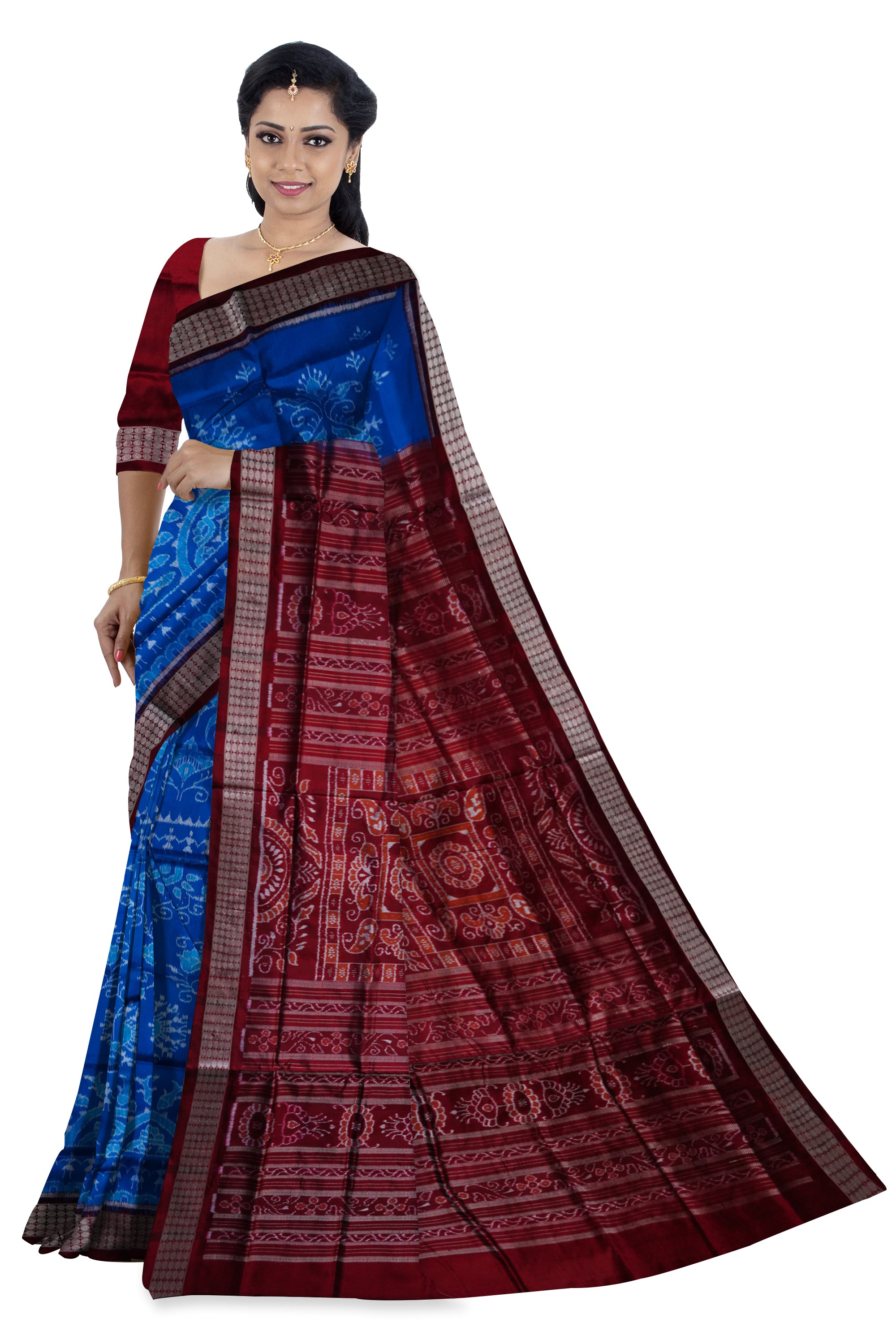 Sky blue & maroon color traditional terracotta with bandha design pure silk saree. - Koshali Arts & Crafts Enterprise