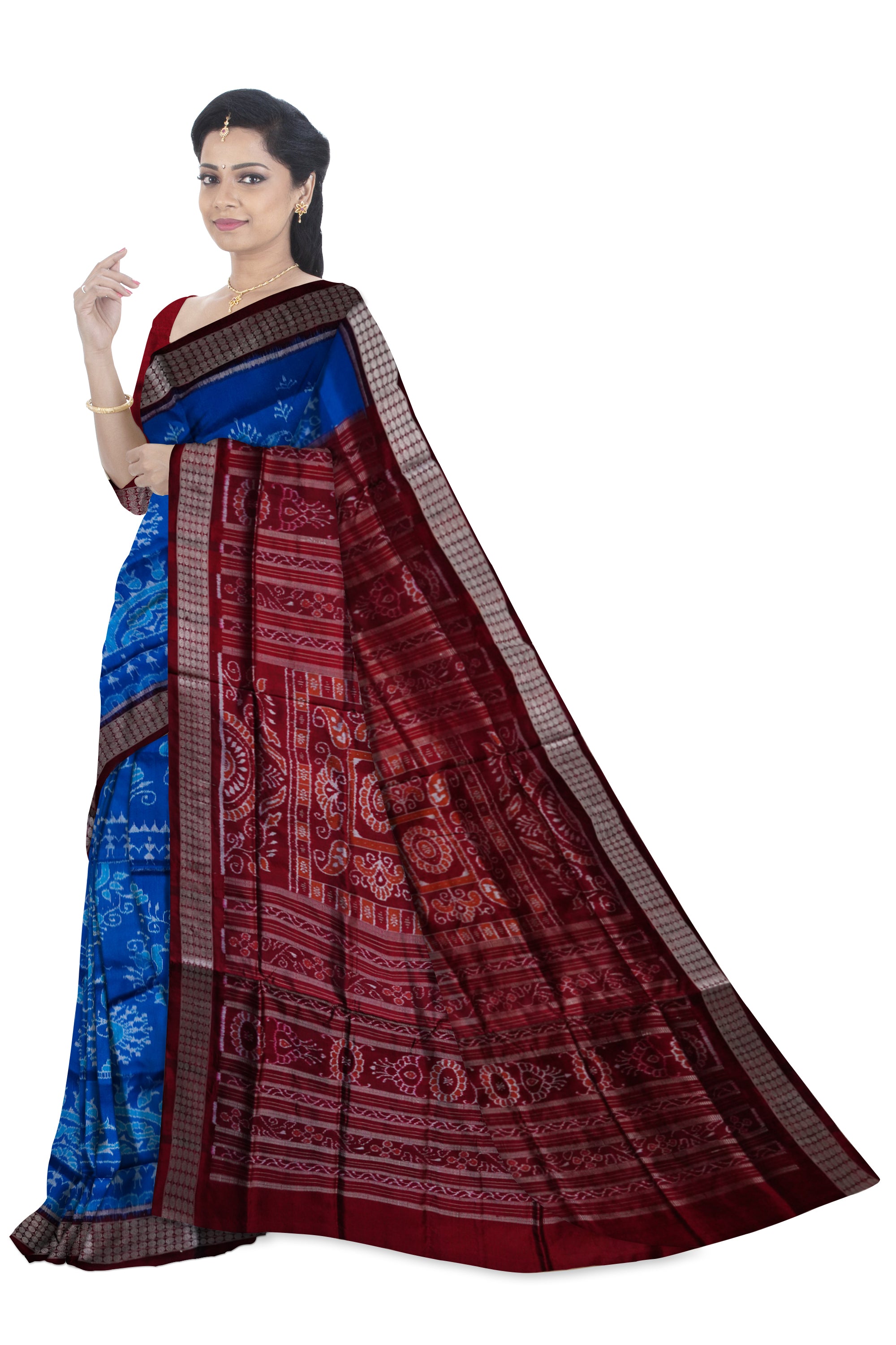 Sky blue & maroon color traditional terracotta with bandha design pure silk saree. - Koshali Arts & Crafts Enterprise