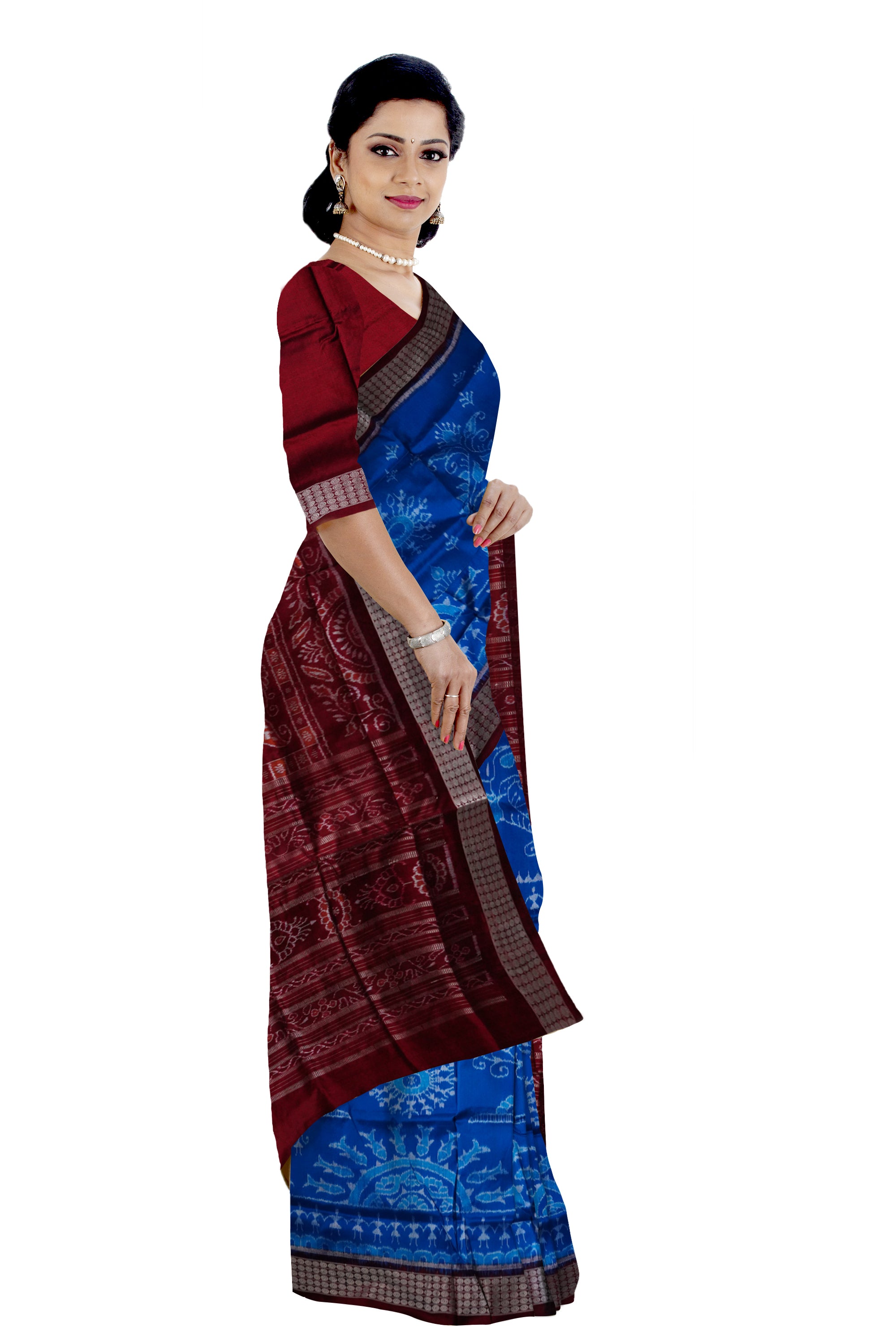 Sky blue & maroon color traditional terracotta with bandha design pure silk saree. - Koshali Arts & Crafts Enterprise