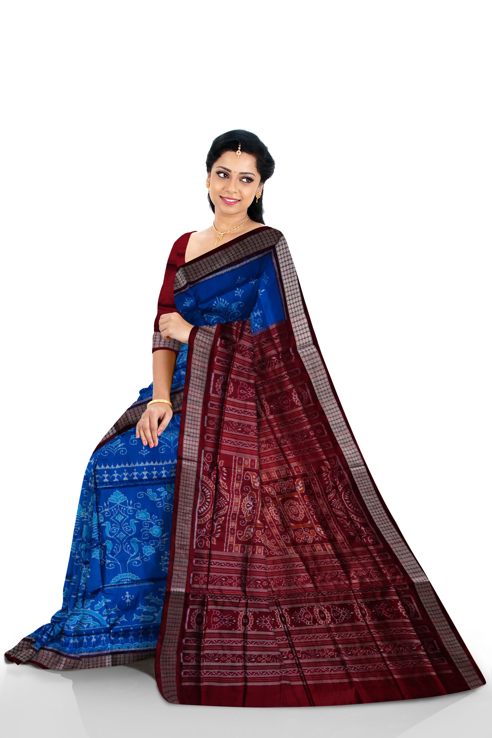 Sky blue & maroon color traditional terracotta with bandha design pure silk saree. - Koshali Arts & Crafts Enterprise