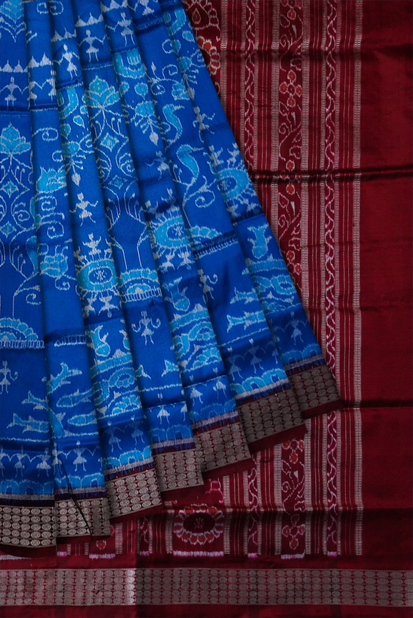 Sky blue & maroon color traditional terracotta with bandha design pure silk saree. - Koshali Arts & Crafts Enterprise