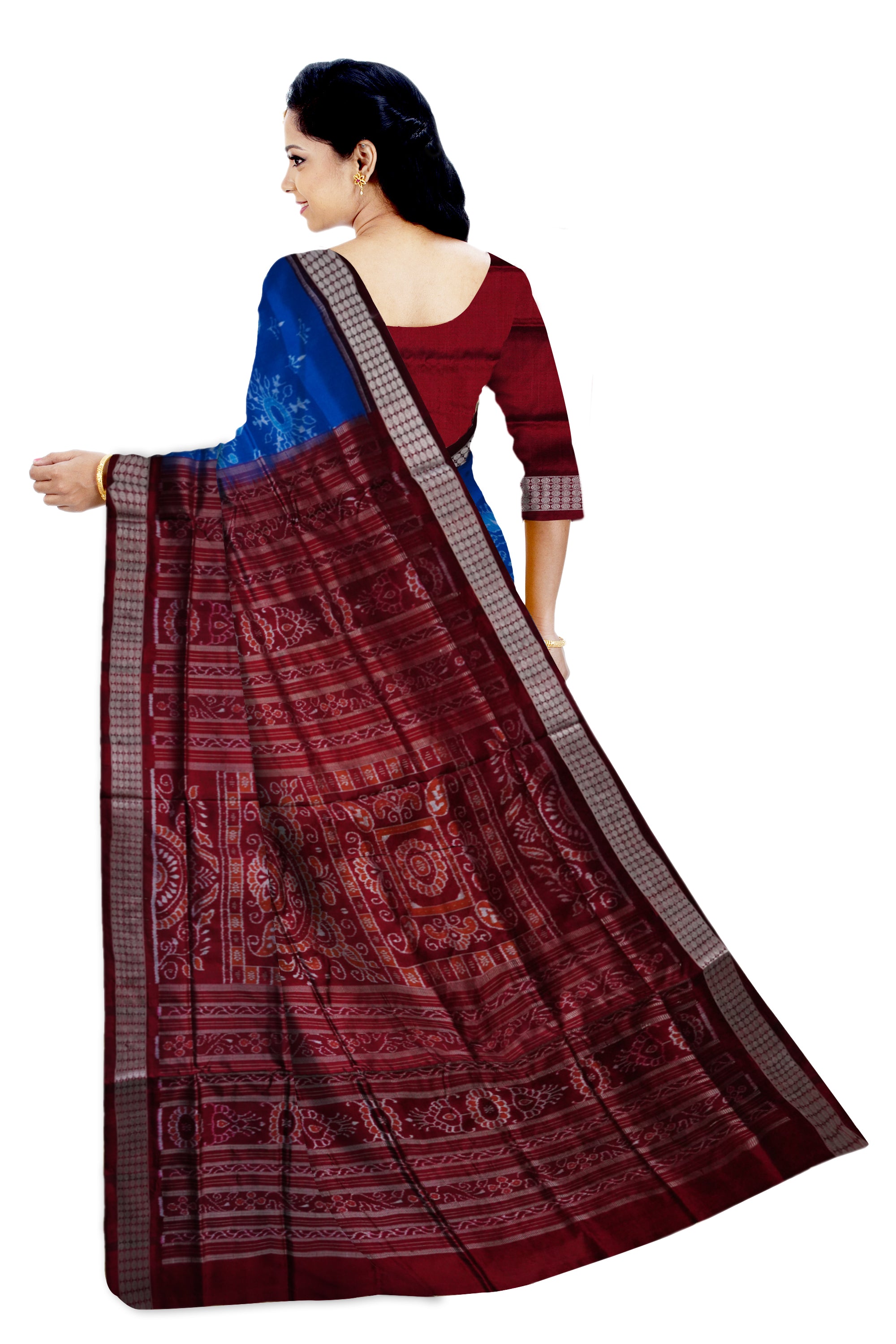 Sky blue & maroon color traditional terracotta with bandha design pure silk saree. - Koshali Arts & Crafts Enterprise