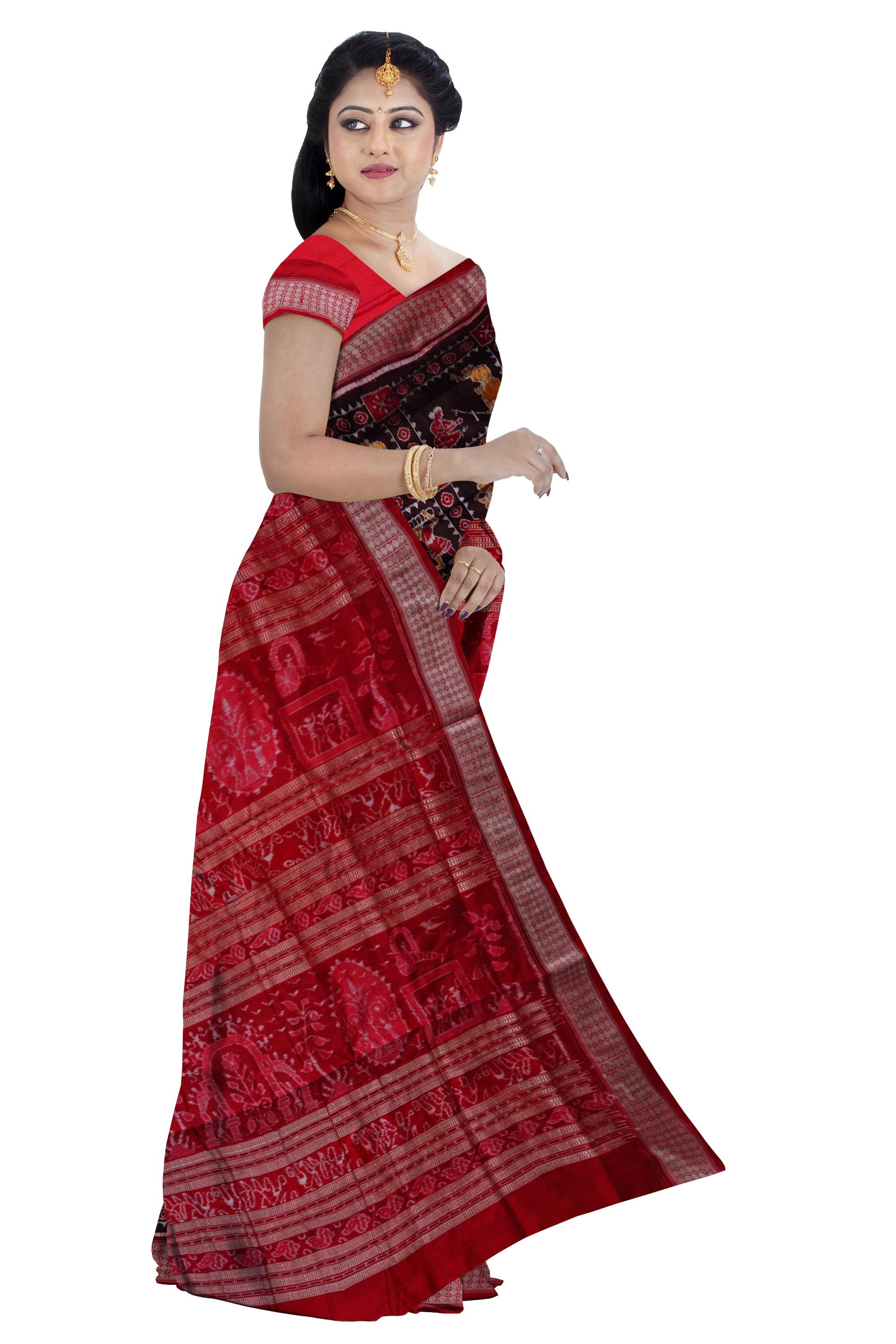 Coffee and Red color bandha design Sambalpuri pure silk saree. - Koshali Arts & Crafts Enterprise