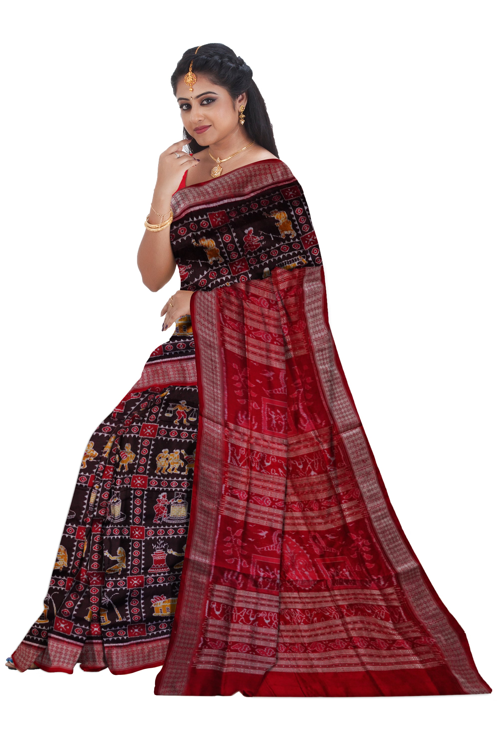 Coffee and Red color bandha design Sambalpuri pure silk saree. - Koshali Arts & Crafts Enterprise