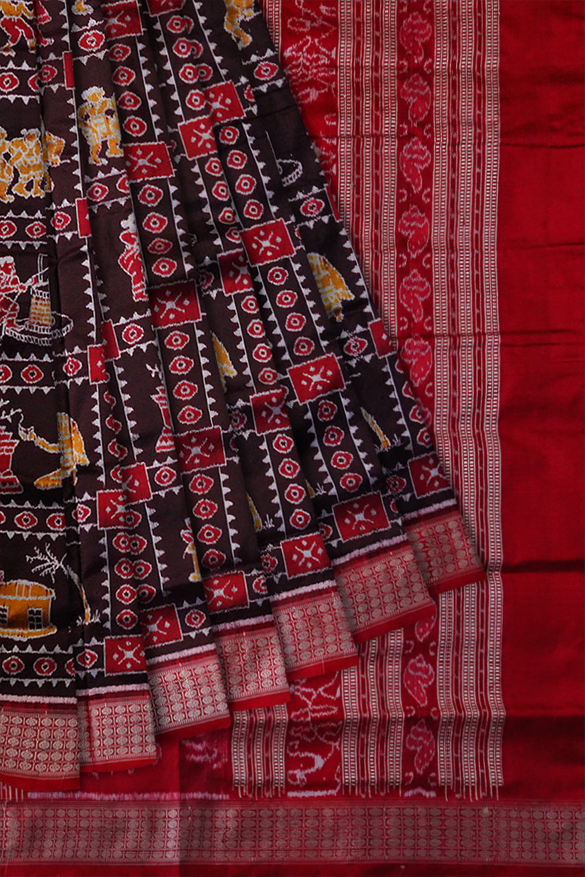 Coffee and Red color bandha design Sambalpuri pure silk saree. - Koshali Arts & Crafts Enterprise