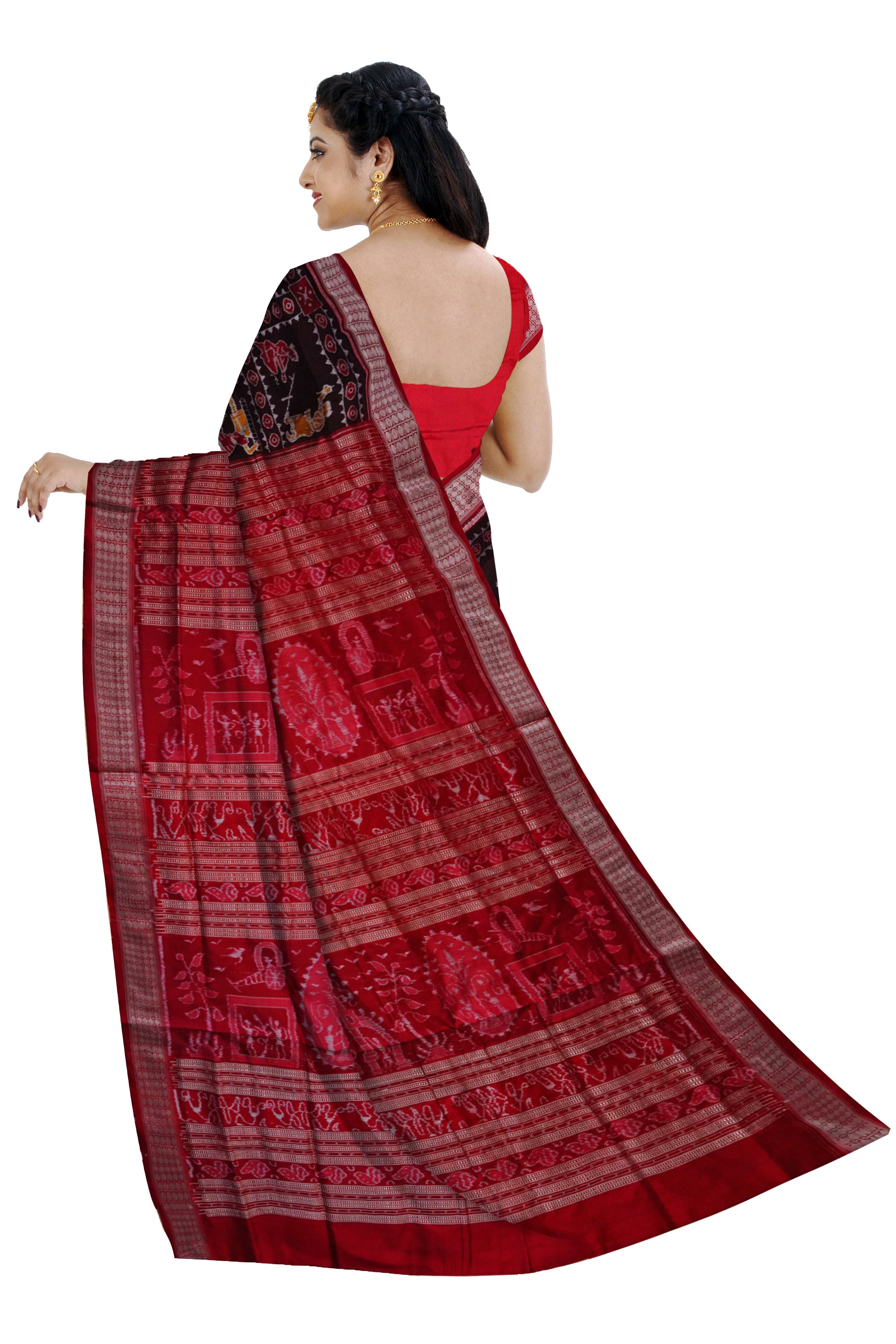Coffee and Red color bandha design Sambalpuri pure silk saree. - Koshali Arts & Crafts Enterprise