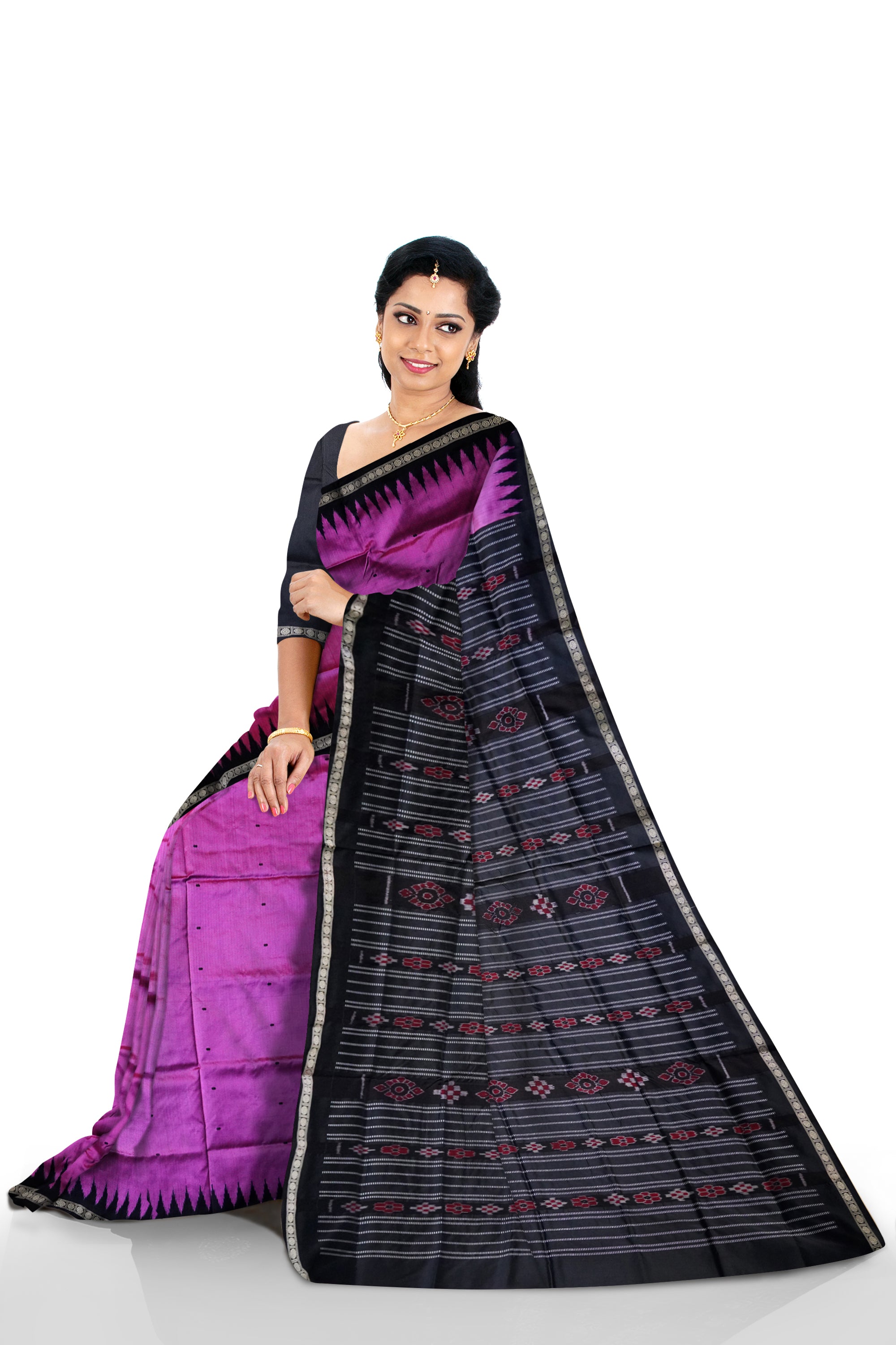 Light pink and black color small border pattern plain pata saree. - Koshali Arts & Crafts Enterprise