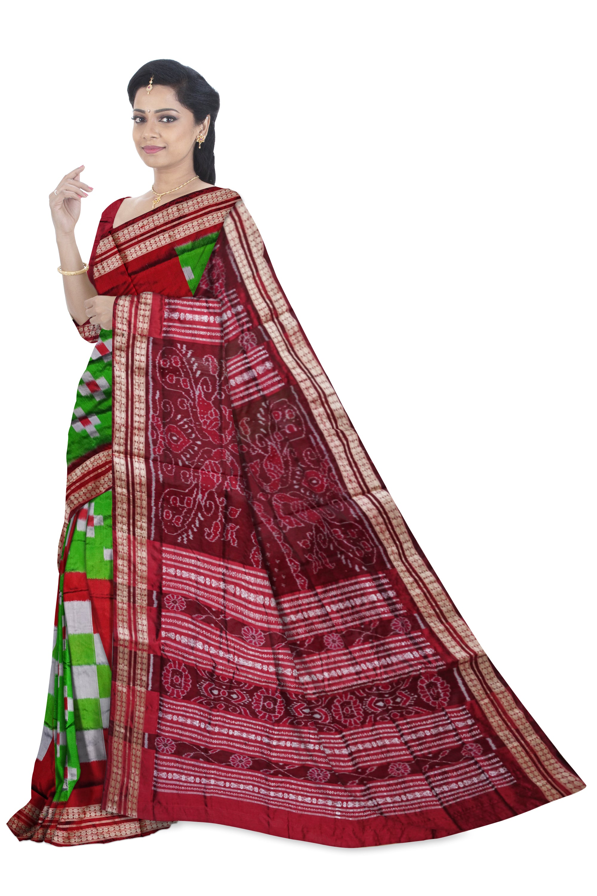 Green and maroon color big pasapali with small pasapali pattern pata saree. - Koshali Arts & Crafts Enterprise