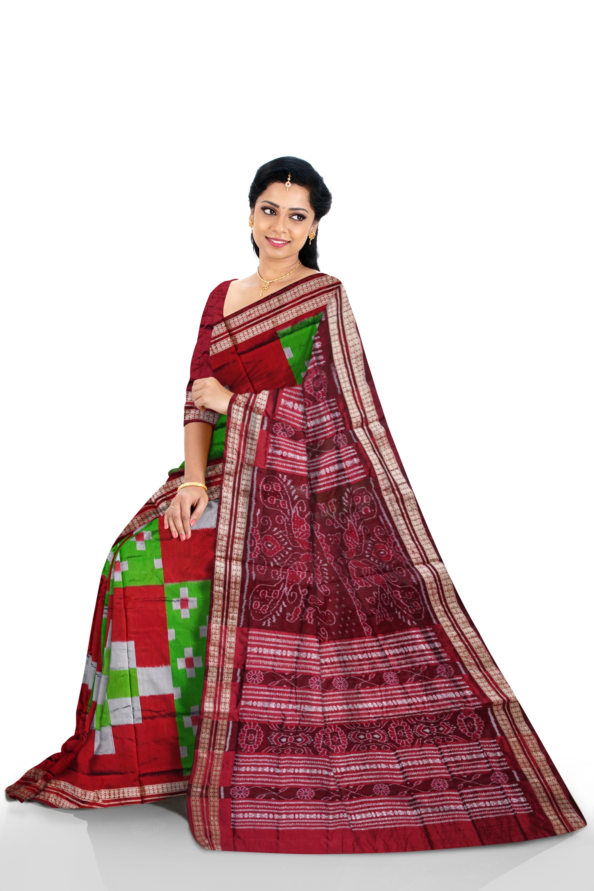 Green and maroon color big pasapali with small pasapali pattern pata saree. - Koshali Arts & Crafts Enterprise