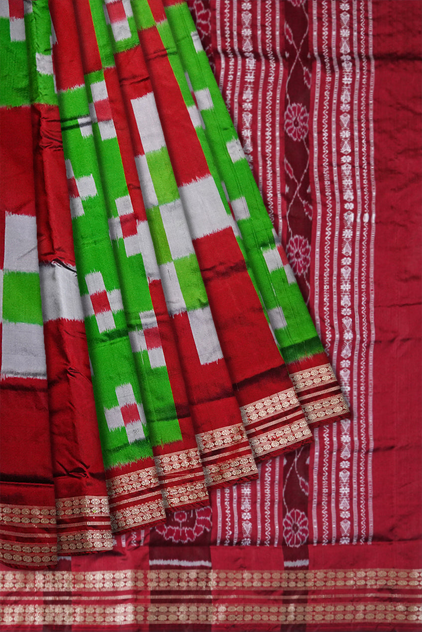 Green and maroon color big pasapali with small pasapali pattern pata saree. - Koshali Arts & Crafts Enterprise