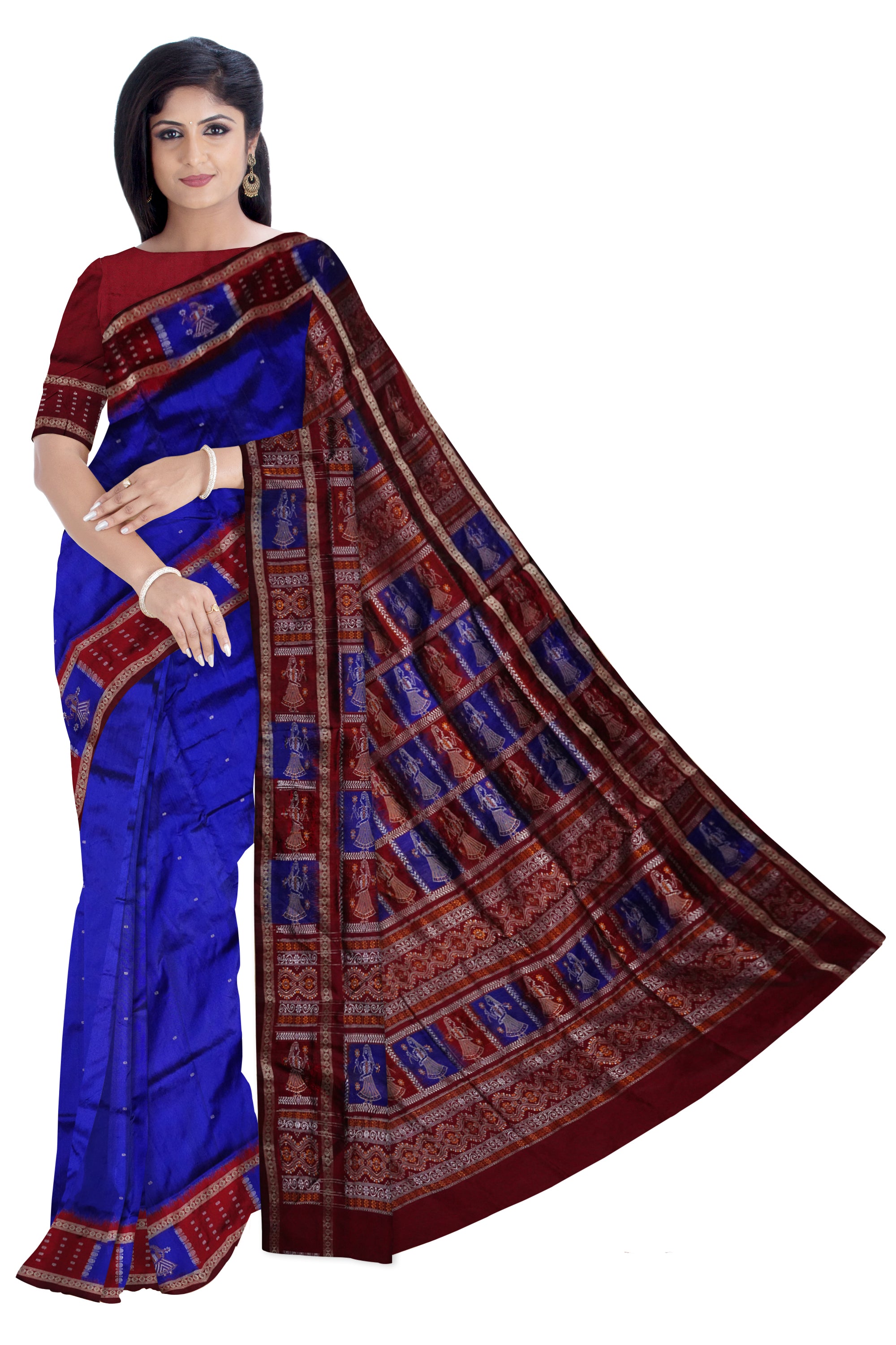 Border with pallu doll pattern silk saree is blue and coffee color. - Koshali Arts & Crafts Enterprise