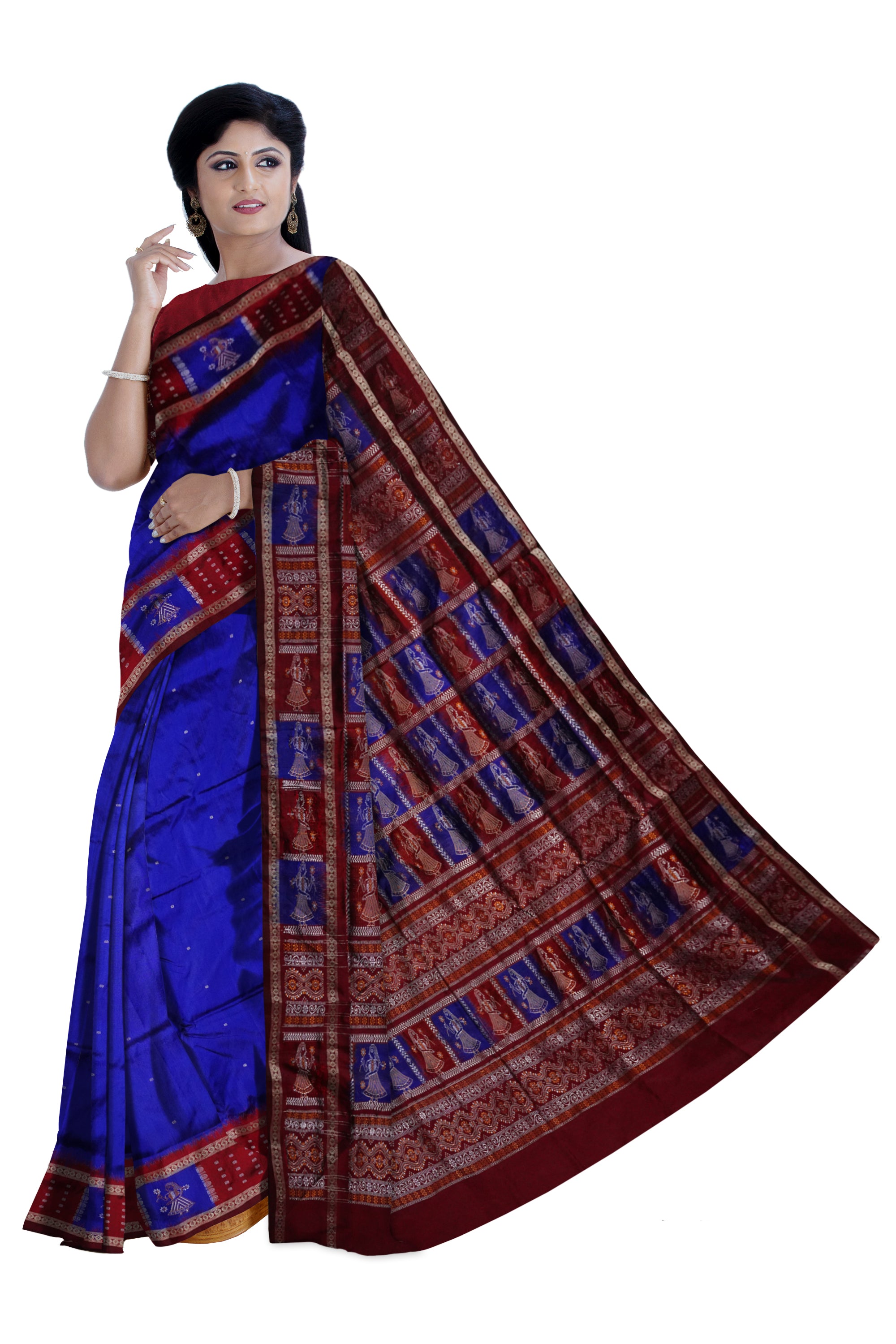 Border with pallu doll pattern silk saree is blue and coffee color. - Koshali Arts & Crafts Enterprise