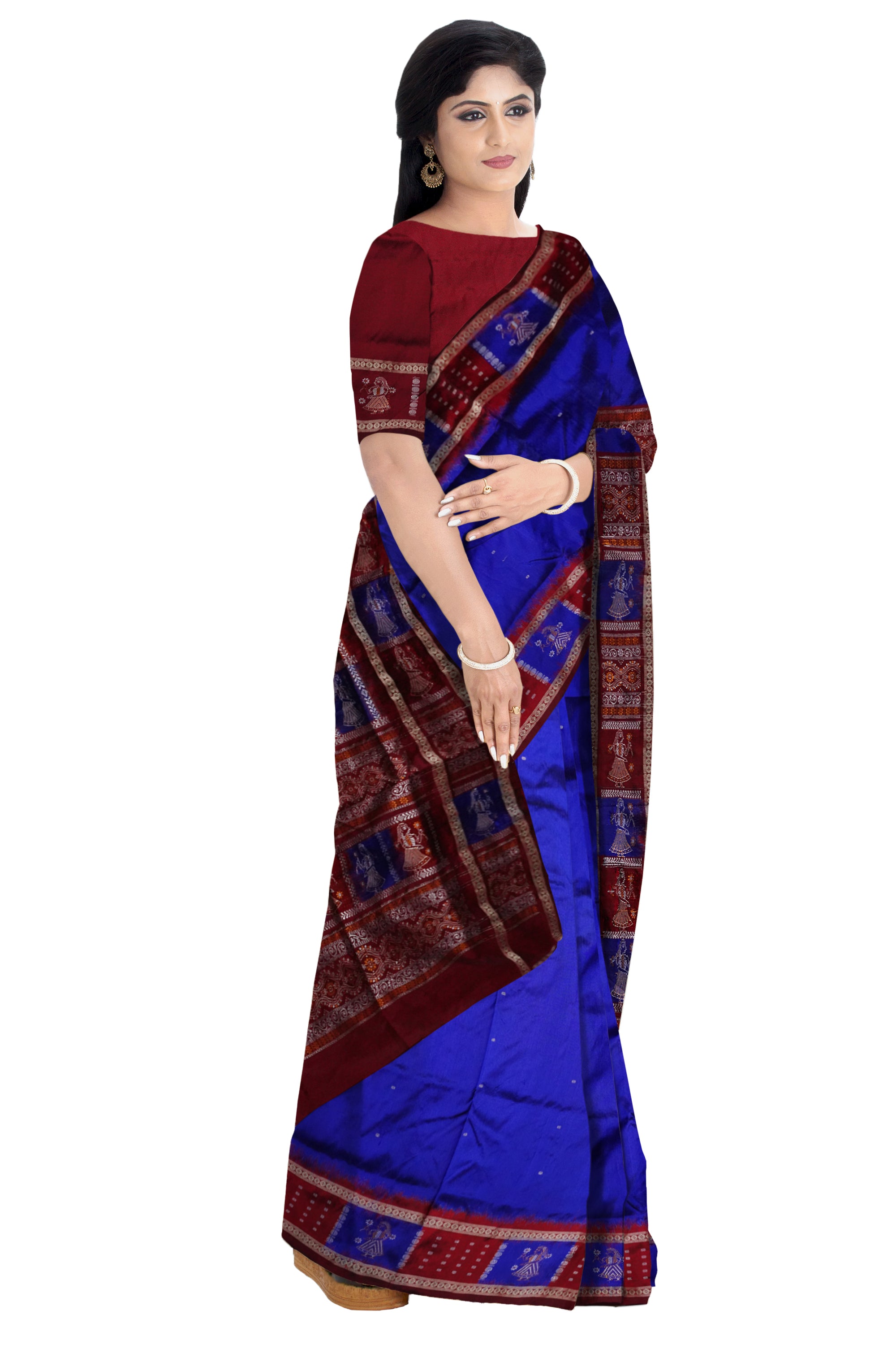 Border with pallu doll pattern silk saree is blue and coffee color. - Koshali Arts & Crafts Enterprise