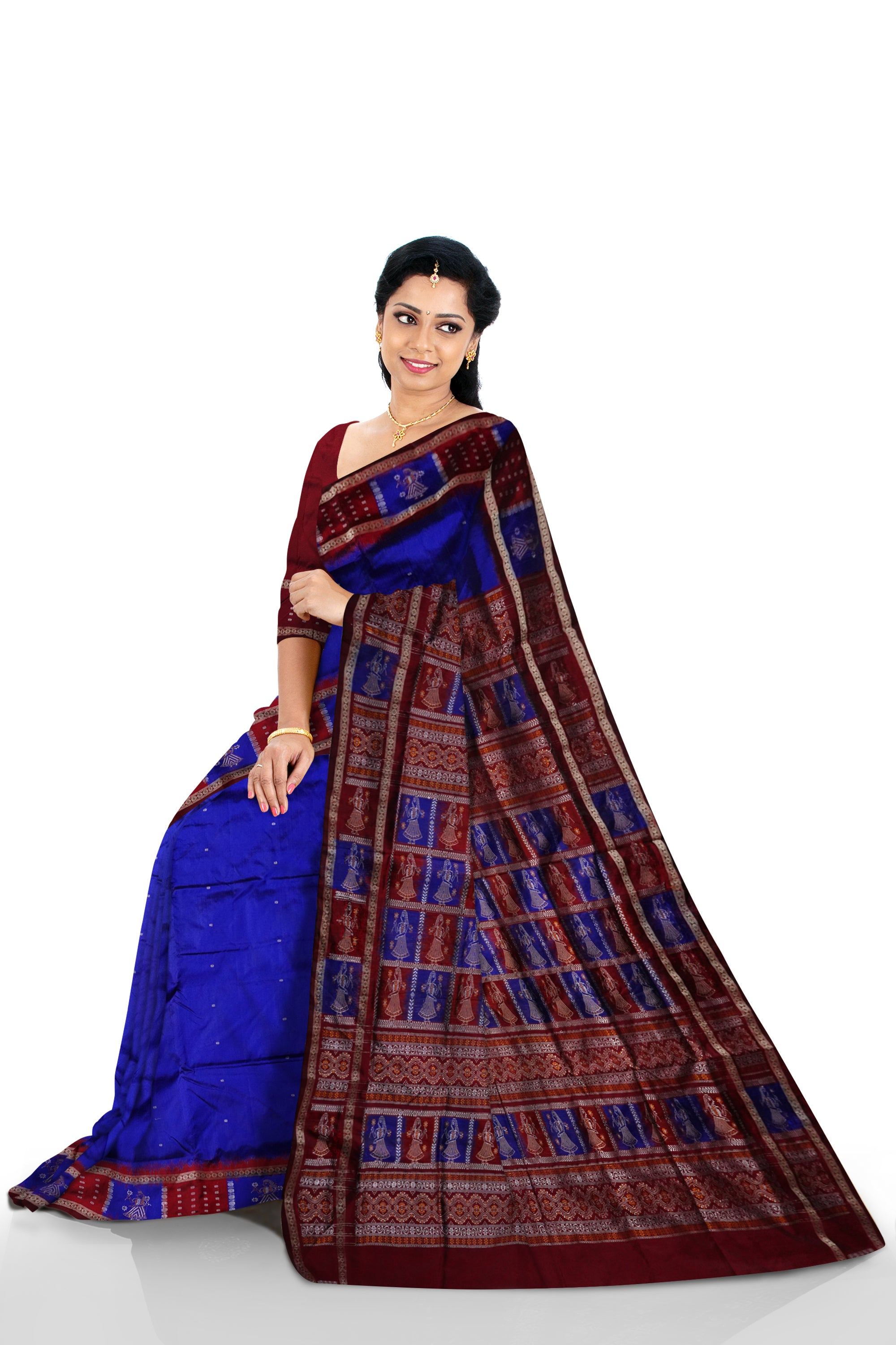Border with pallu doll pattern silk saree is blue and coffee color. - Koshali Arts & Crafts Enterprise