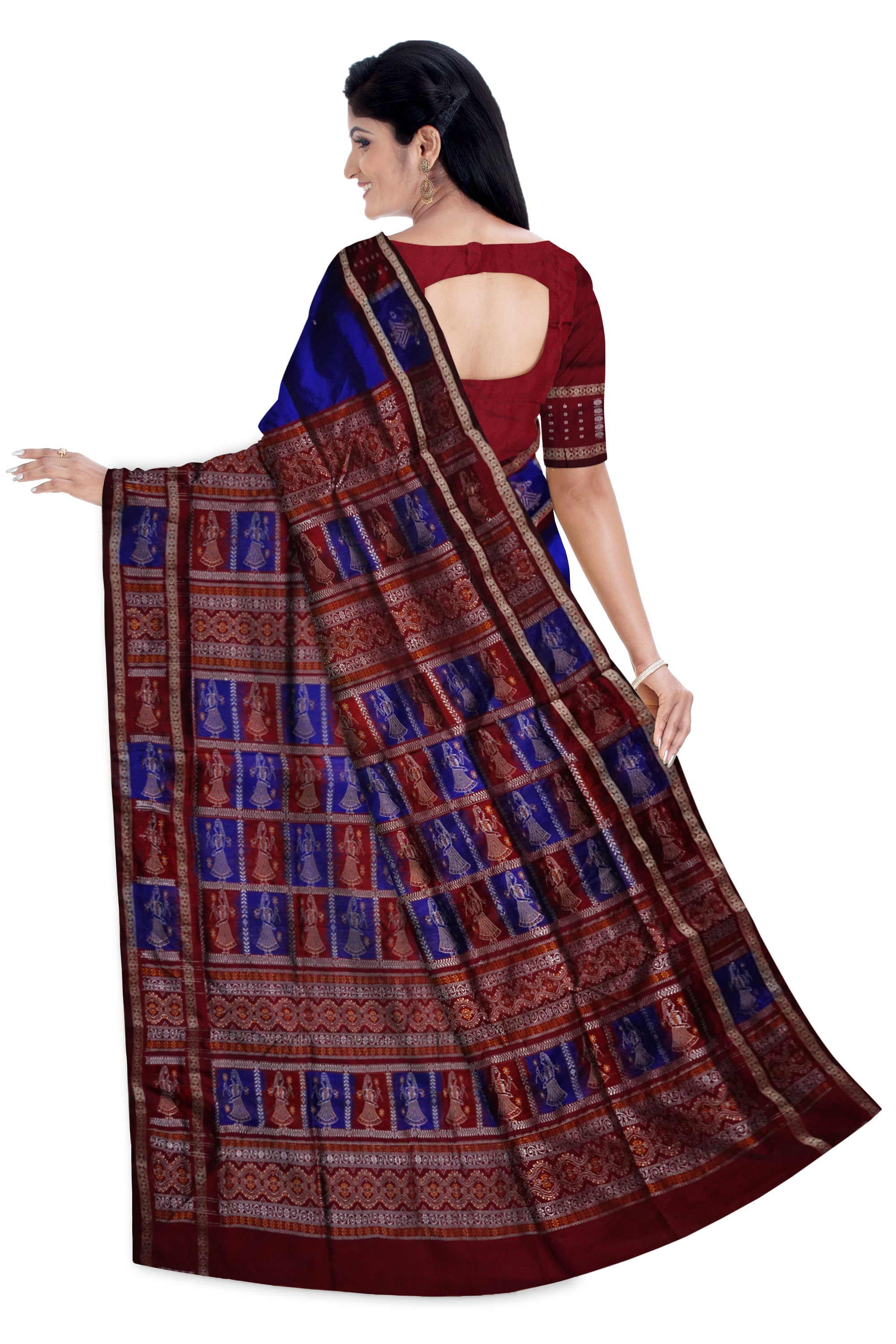 Border with pallu doll pattern silk saree is blue and coffee color. - Koshali Arts & Crafts Enterprise