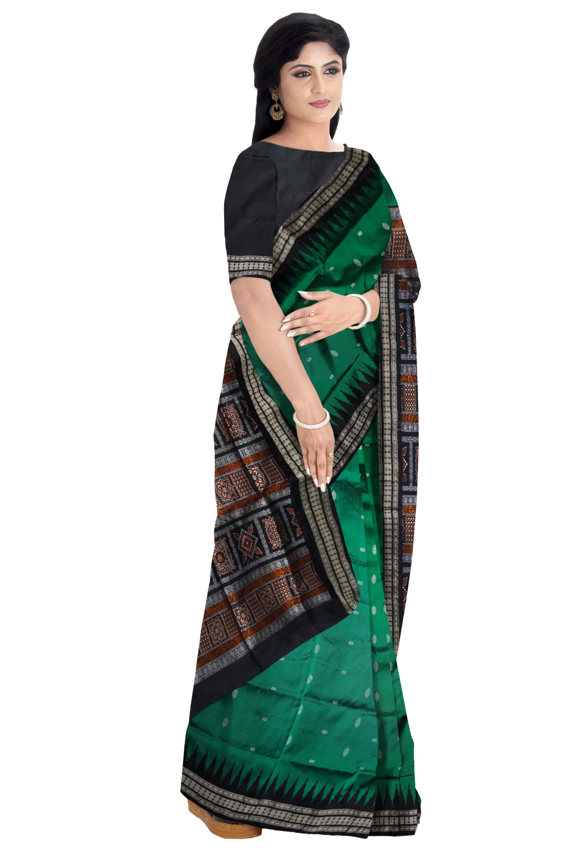 Green color small booty pattern pata saree with black bomkei pallu. - Koshali Arts & Crafts Enterprise