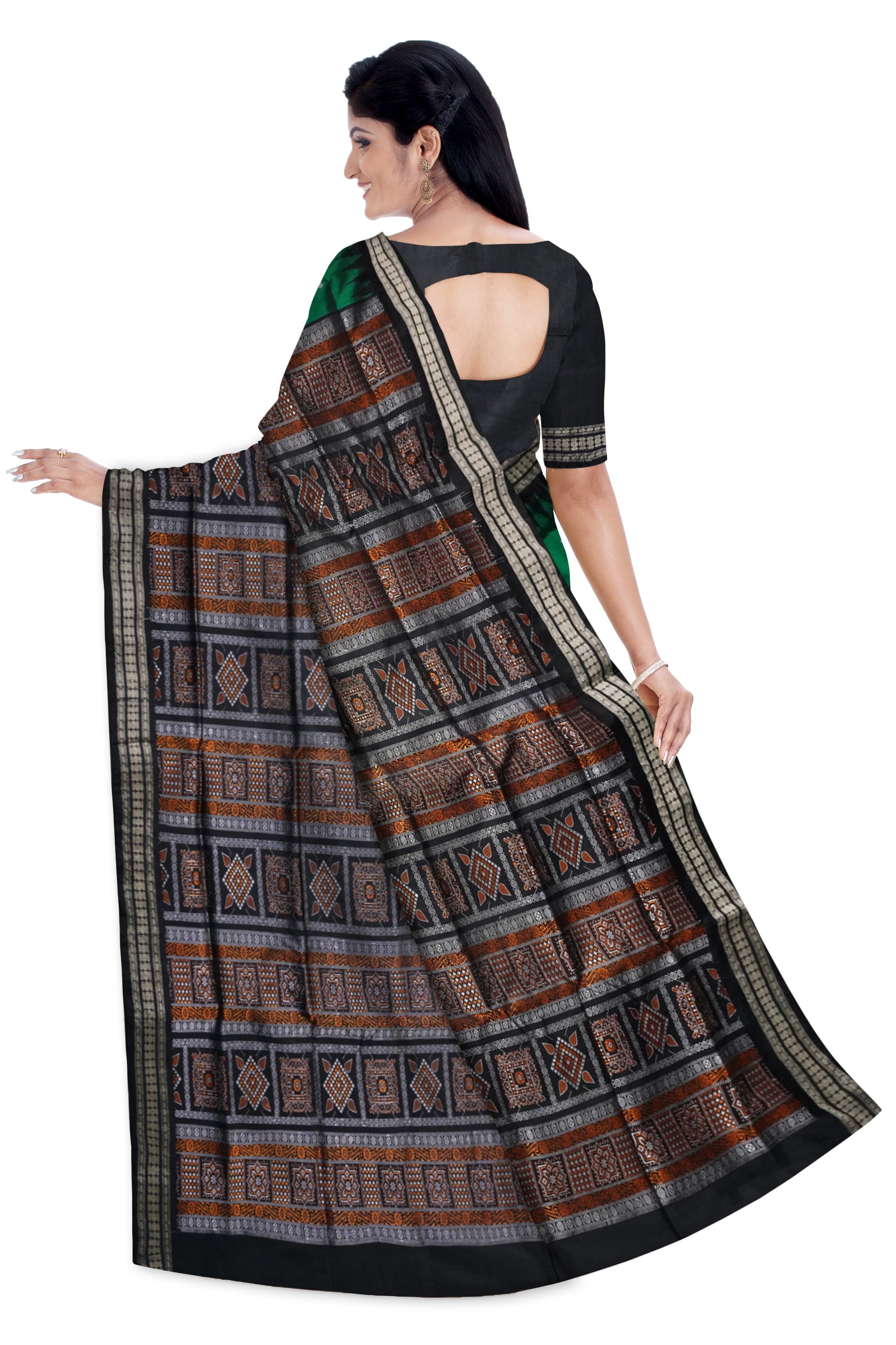 Green color small booty pattern pata saree with black bomkei pallu. - Koshali Arts & Crafts Enterprise