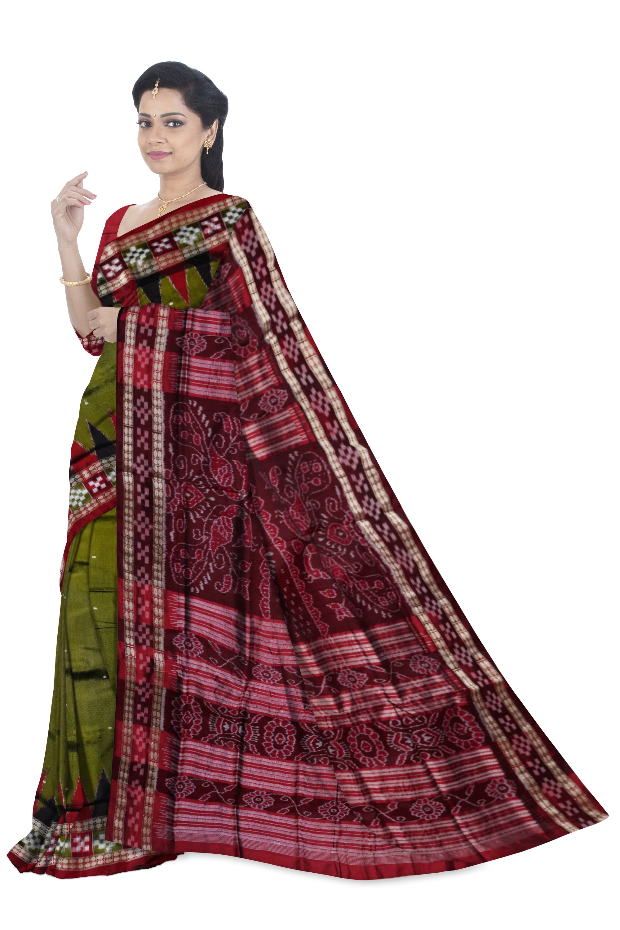 pasapali border pata saree is mehendi and maroon color base. - Koshali Arts & Crafts Enterprise