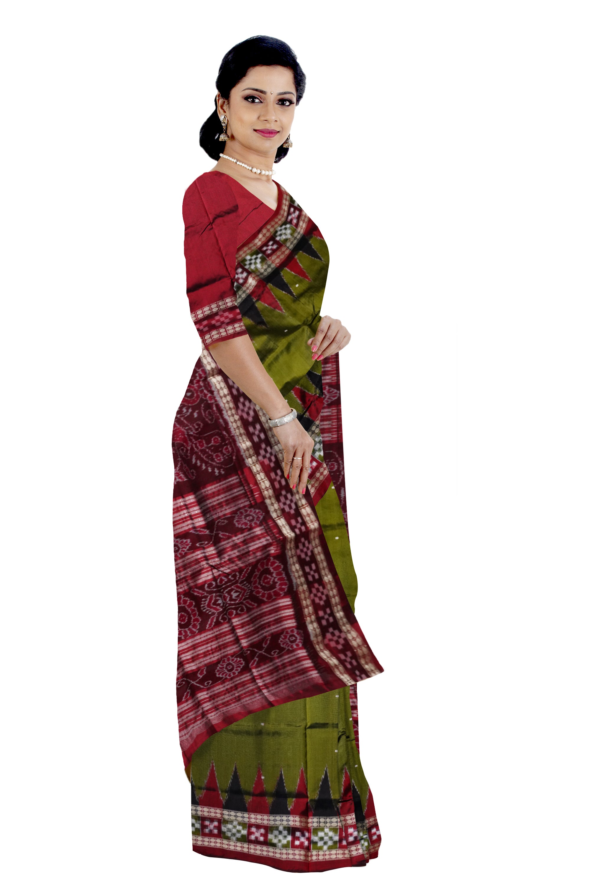 pasapali border pata saree is mehendi and maroon color base. - Koshali Arts & Crafts Enterprise