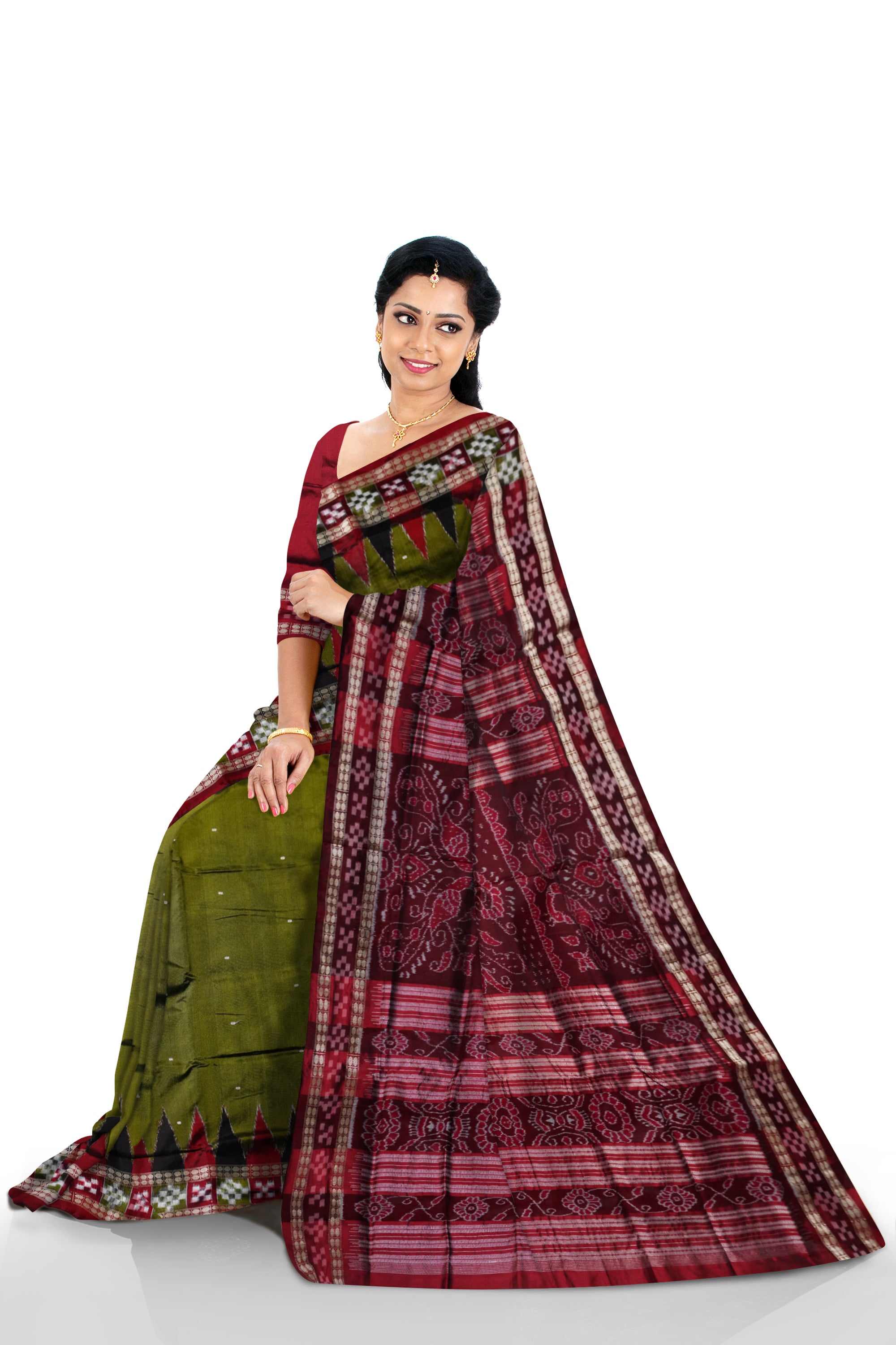 pasapali border pata saree is mehendi and maroon color base. - Koshali Arts & Crafts Enterprise