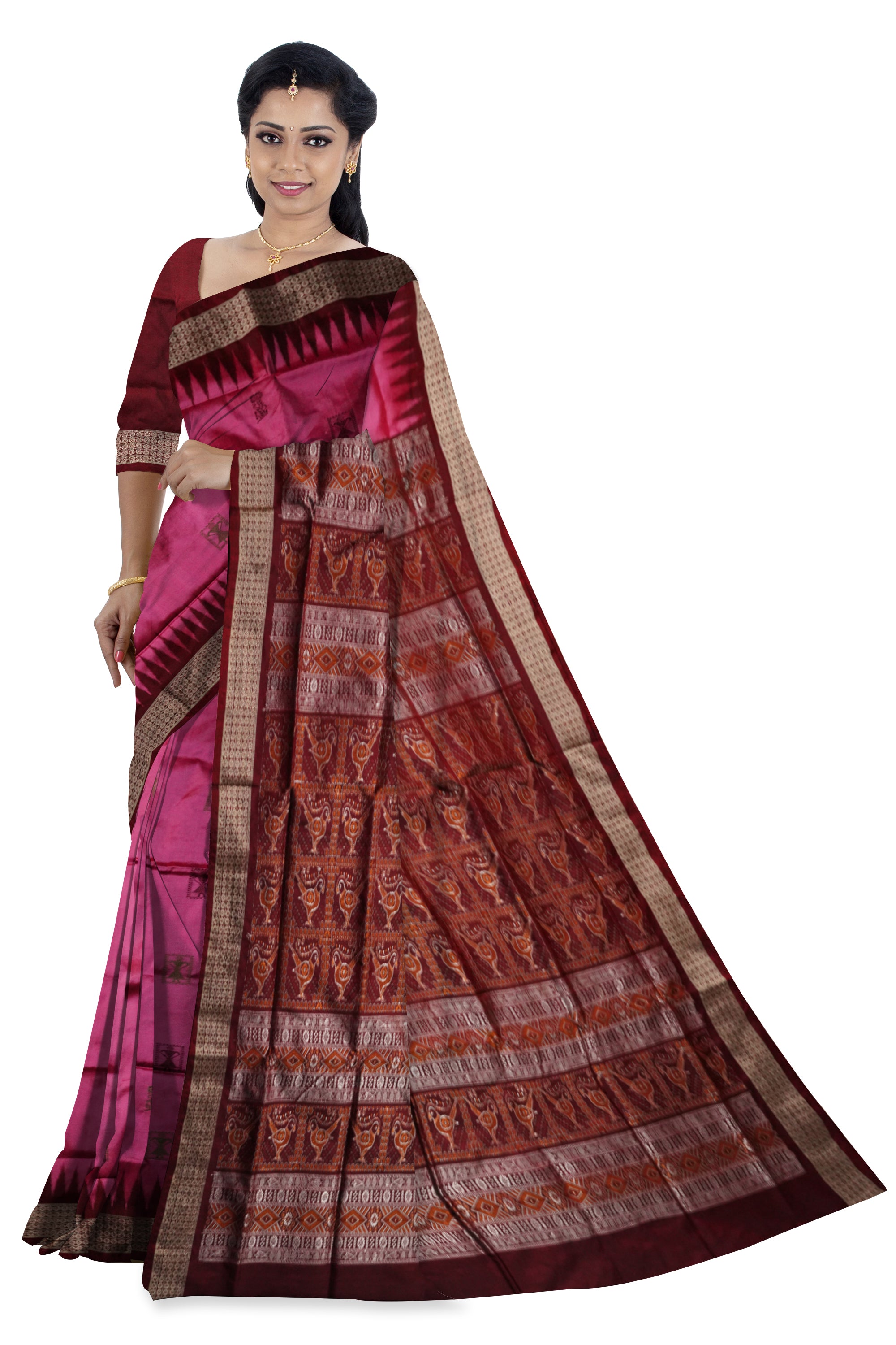 Pink and maroon color terracotta pattern pata saree. - Koshali Arts & Crafts Enterprise